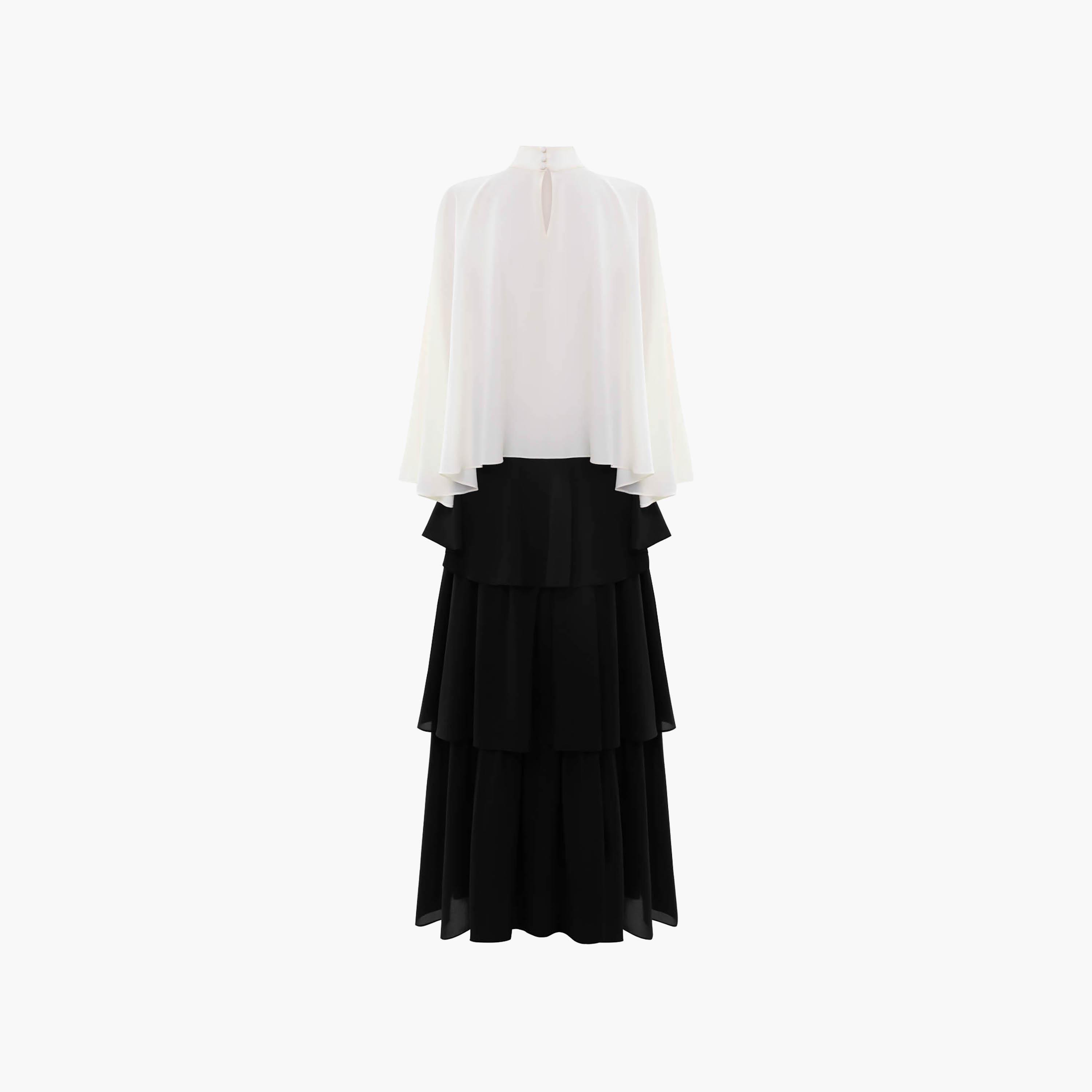Lichi Black Colour-Blocked High Neck Cape Sleeves Layered Women's Maxi Dress-women-clothing-dresses-image-5