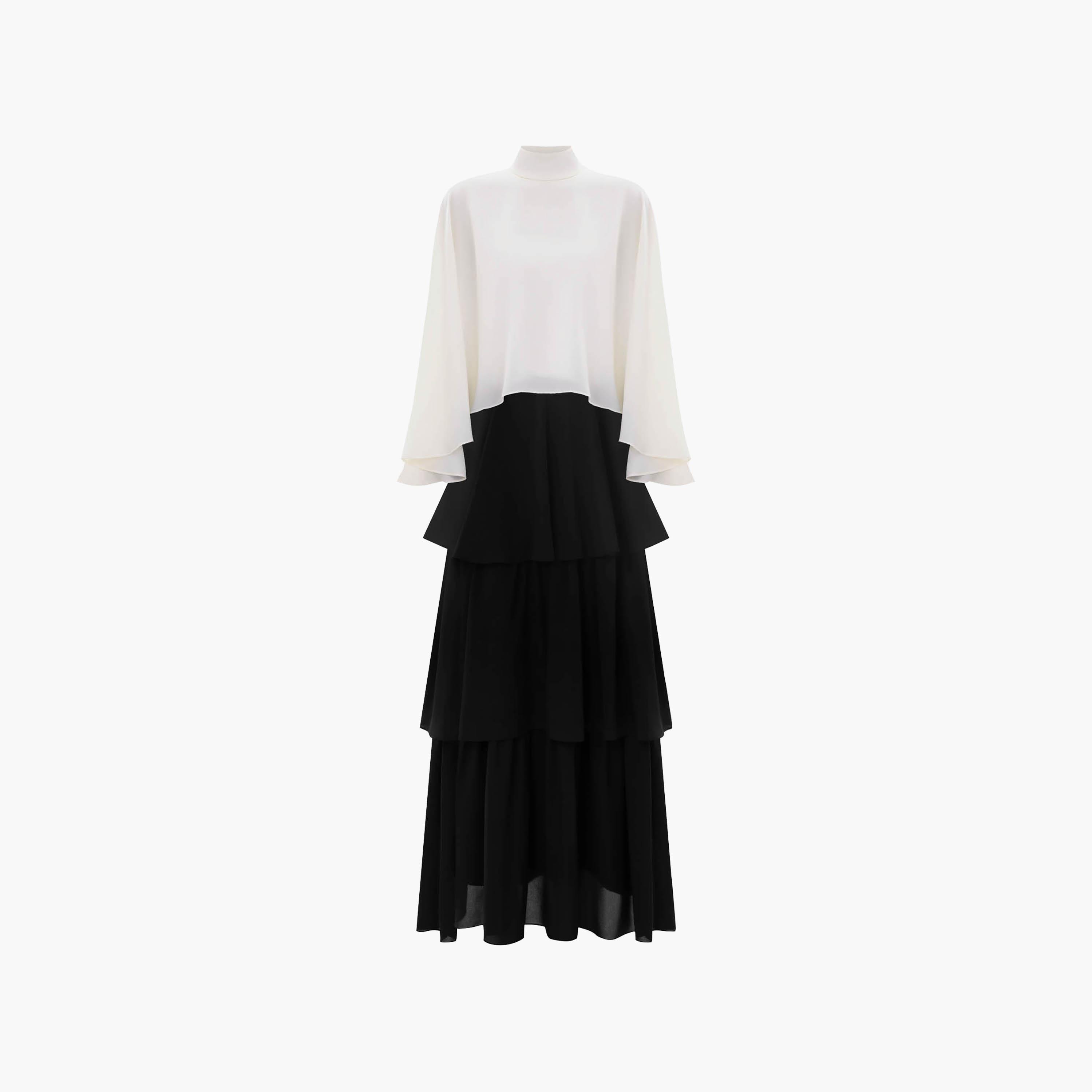 Lichi Black Colour-Blocked High Neck Cape Sleeves Layered Women's Maxi Dress-women-clothing-dresses-image-6