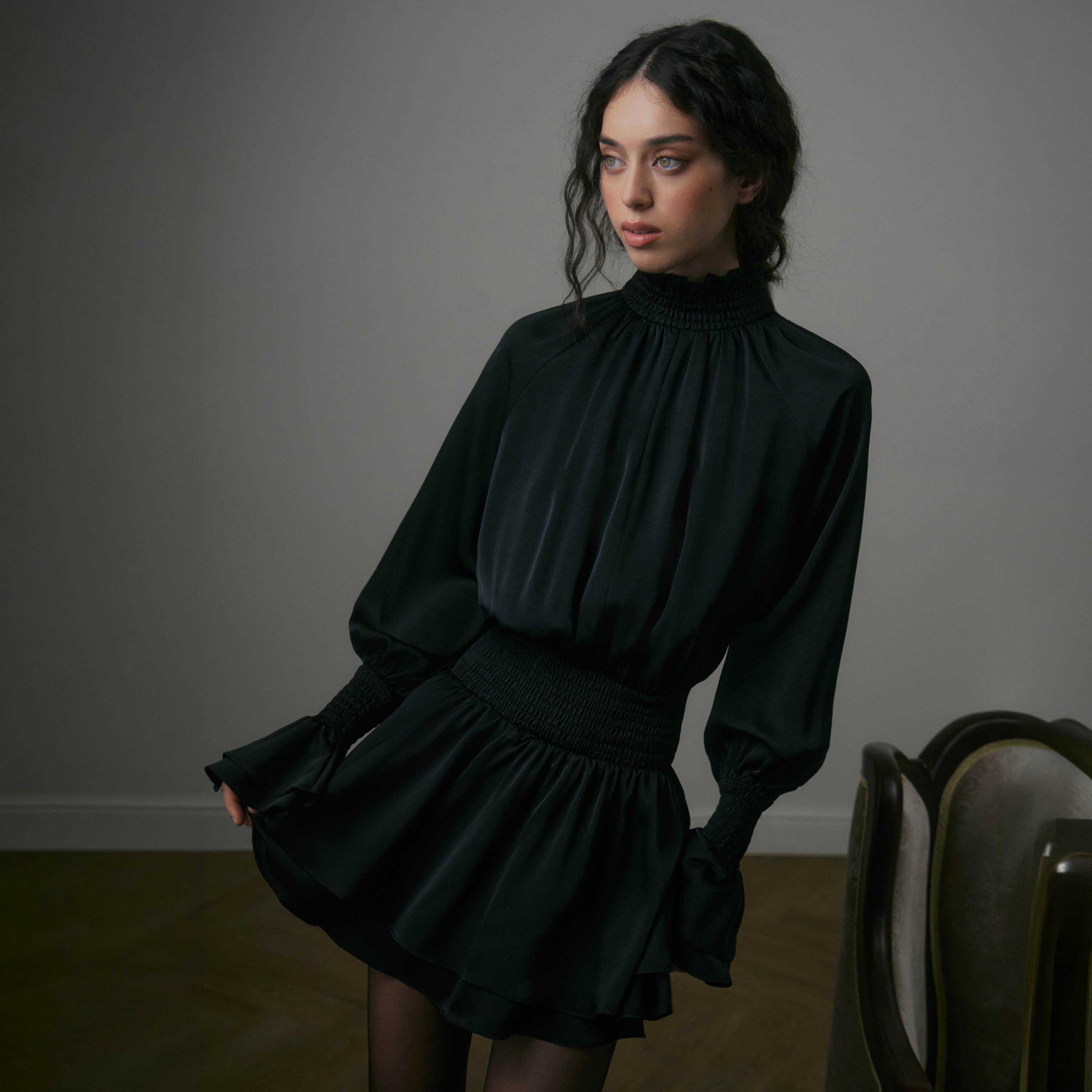 Lichi Black Smocked High Neck Raglan Bishop Sleeves Fit & Flared Women's Mini Dress-women-clothing-dresses-image-1