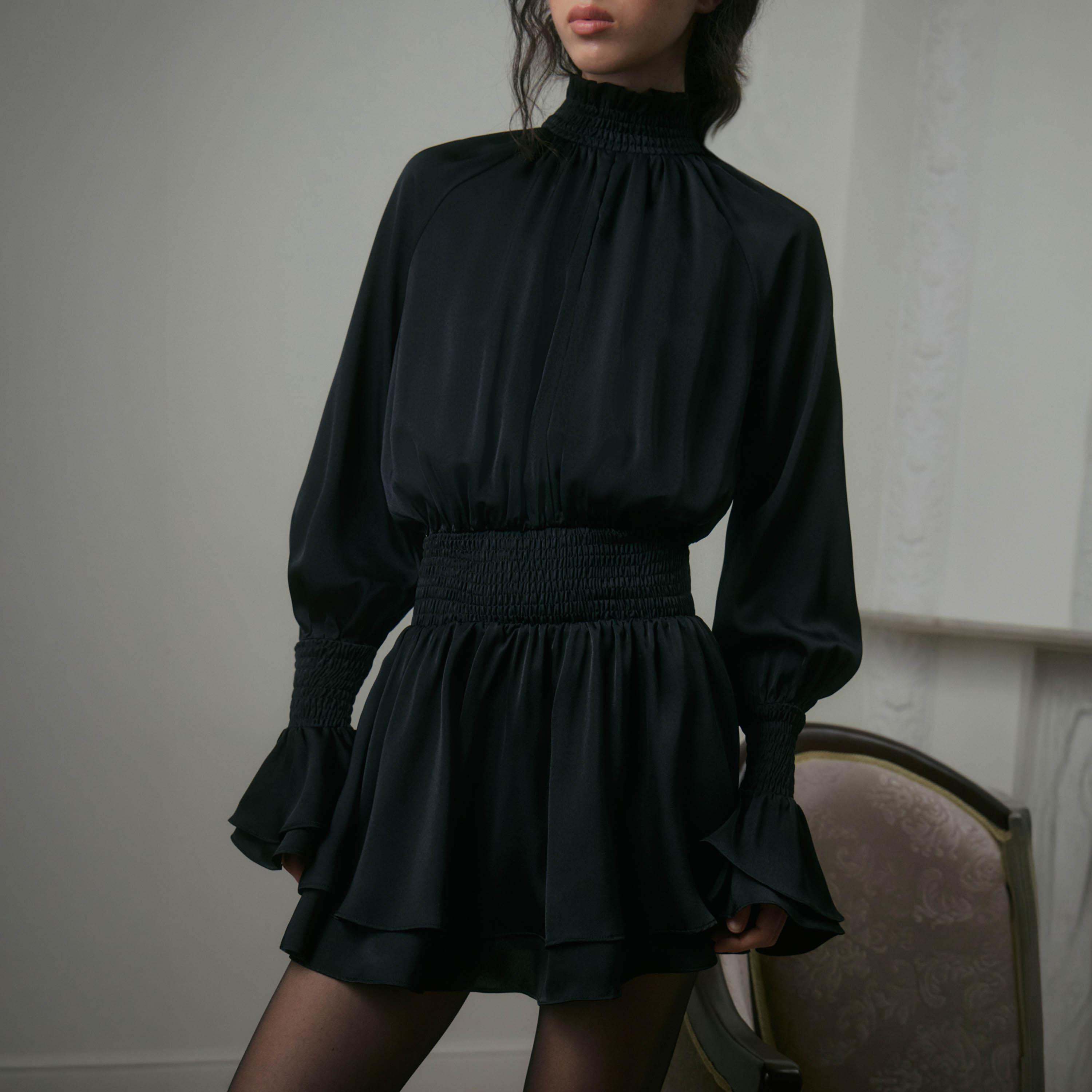 Lichi Black Smocked High Neck Raglan Bishop Sleeves Fit & Flared Women's Mini Dress-women-clothing-dresses-image-4