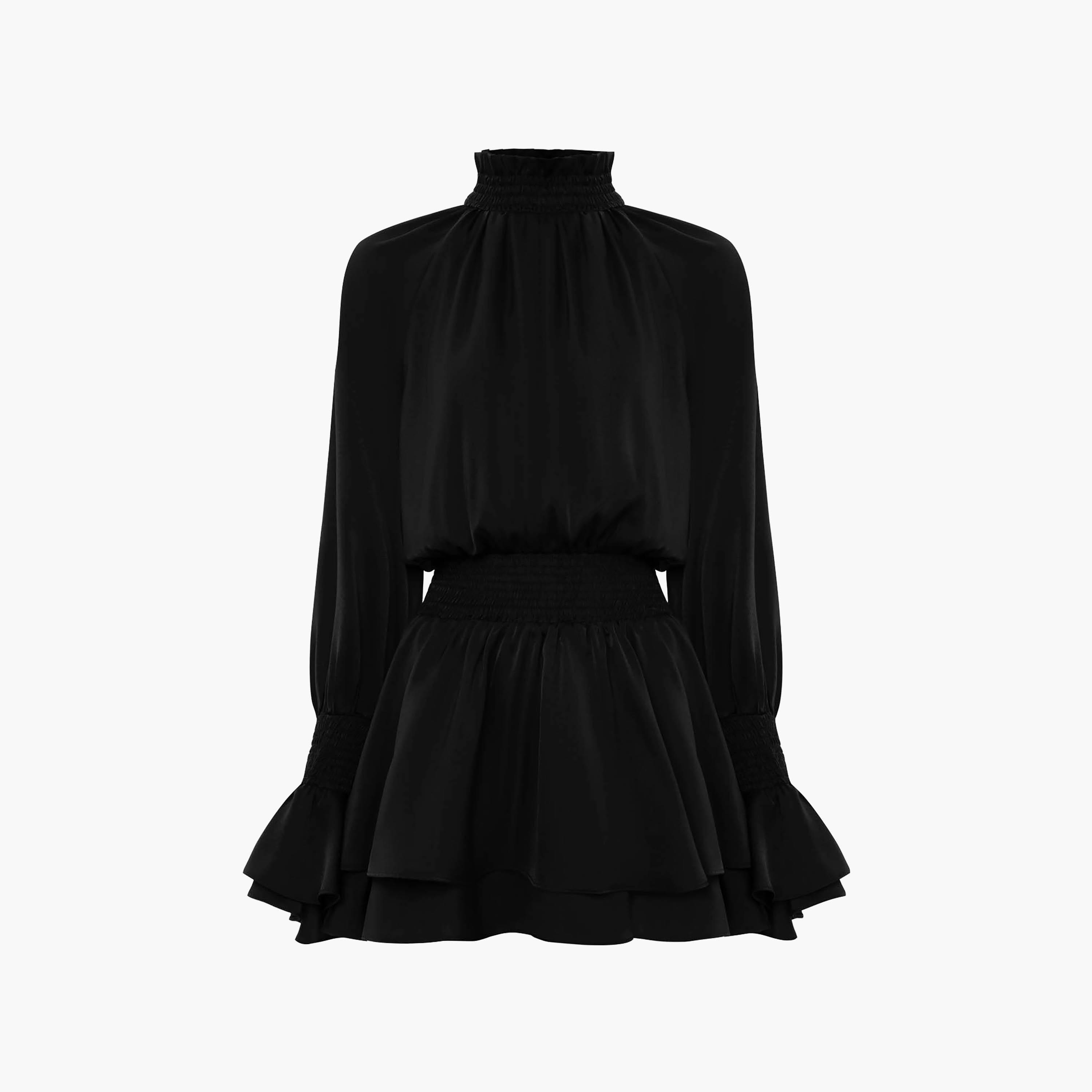Lichi Black Smocked High Neck Raglan Bishop Sleeves Fit & Flared Women's Mini Dress-women-clothing-dresses-image-5