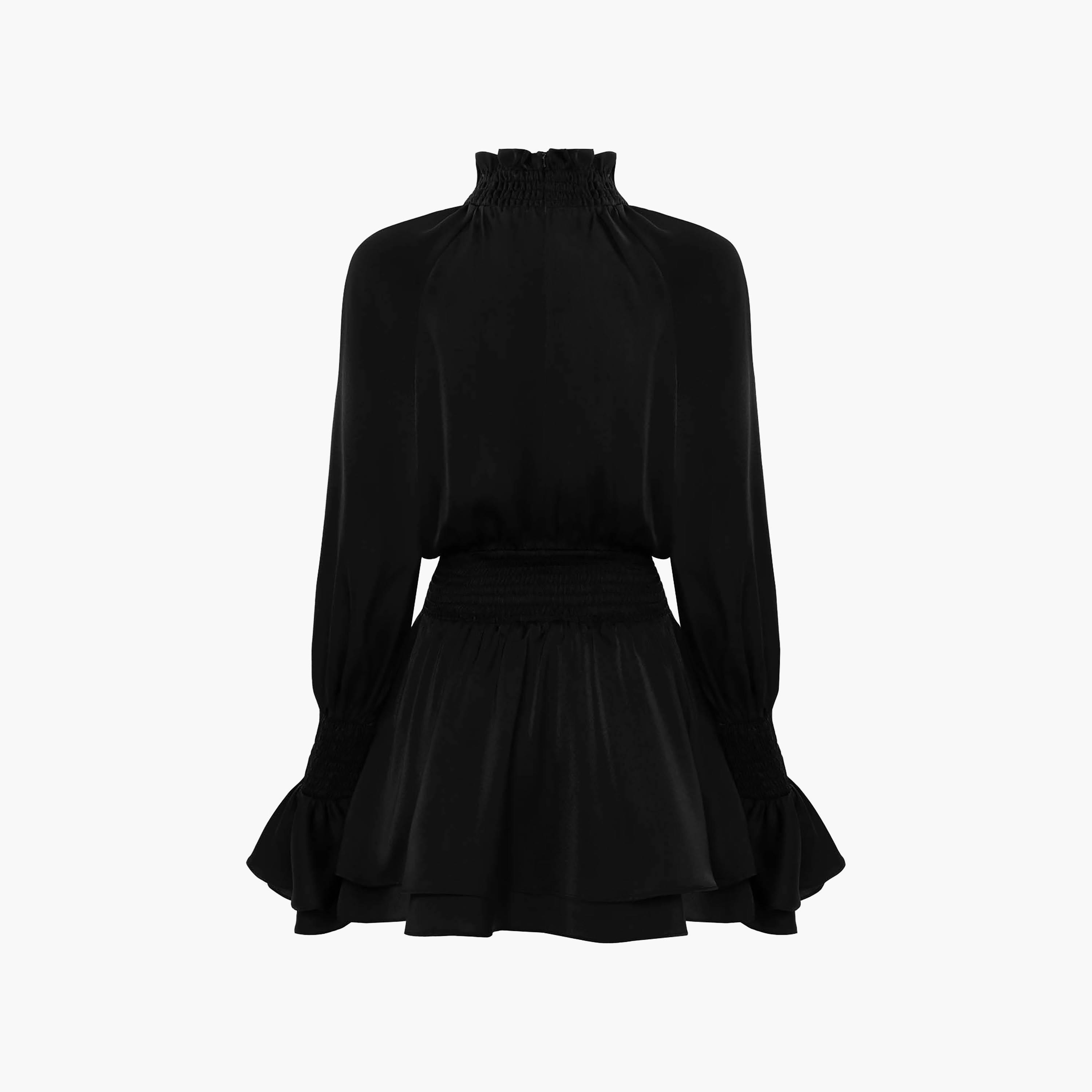 Lichi Black Smocked High Neck Raglan Bishop Sleeves Fit & Flared Women's Mini Dress-women-clothing-dresses-image-6