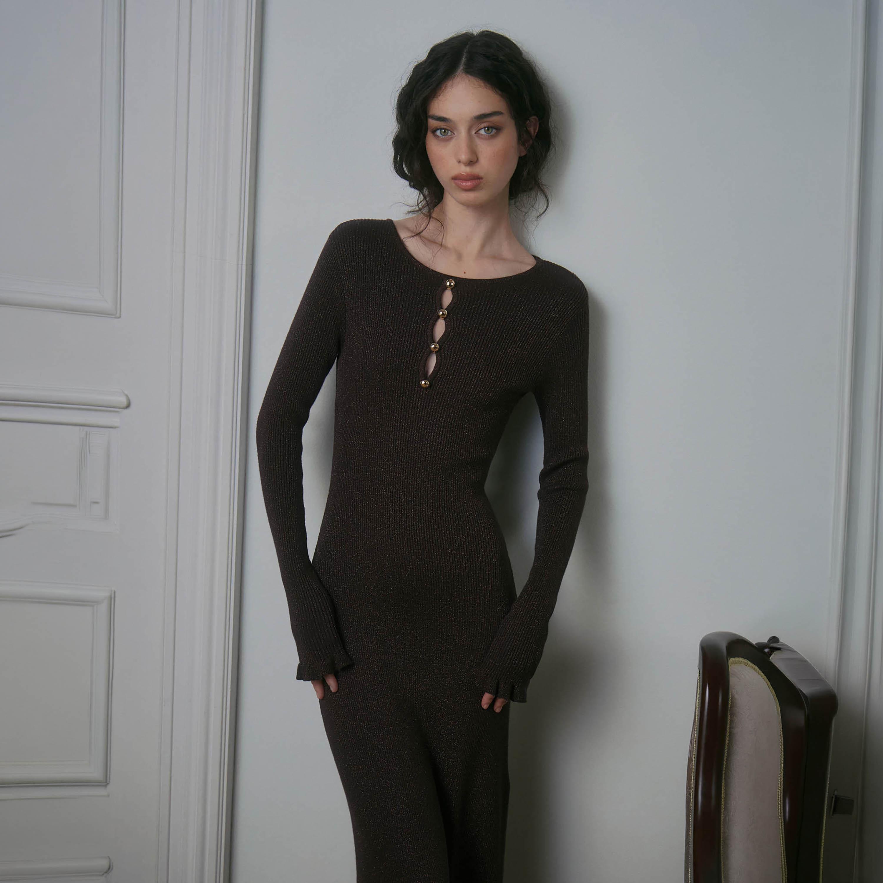 Lichi Ribbed Fitted Sleeves Column Women's Midi Dress-women-clothing-dresses-image-1