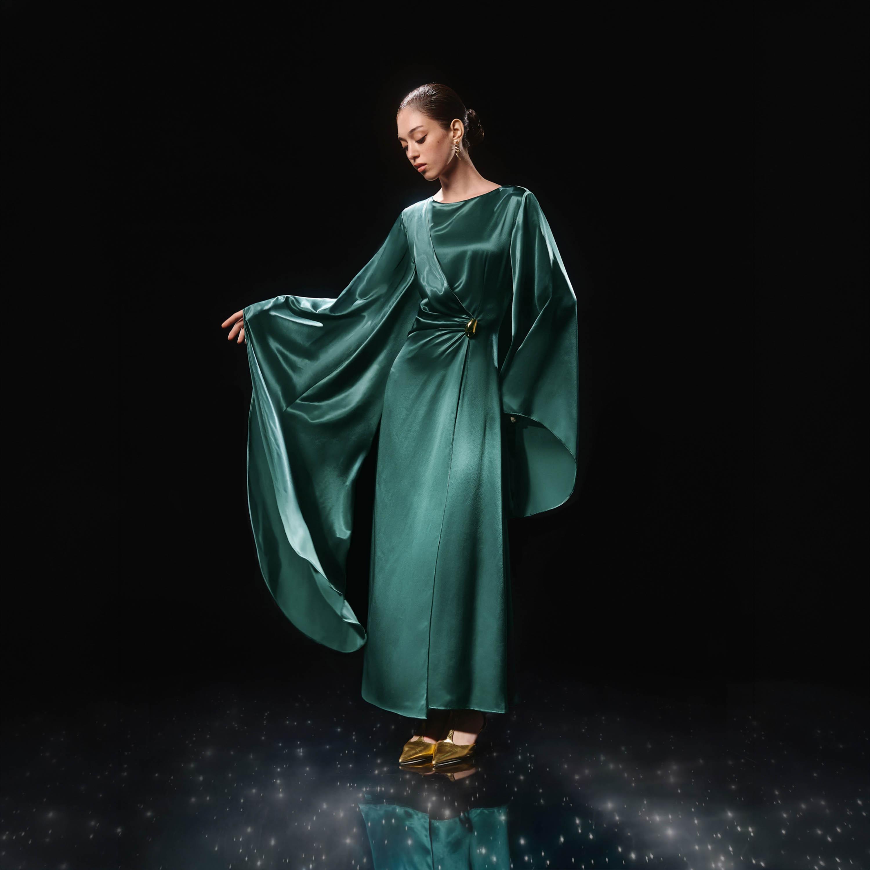 Lichi Satin Voluminous Sleeves Sheath Women's Maxi Evening Dress-women-clothing-dresses-image-2