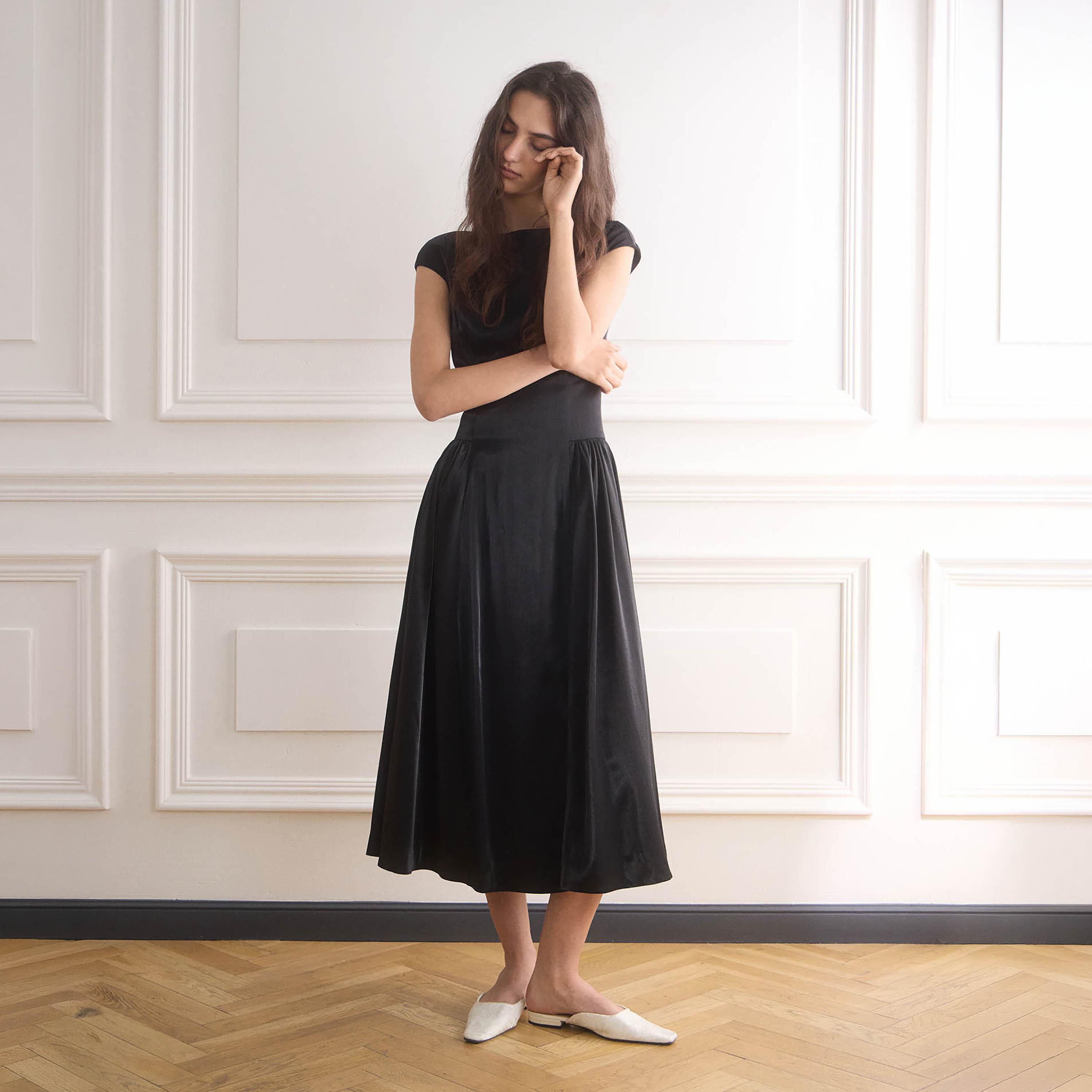 Lichi Black Cap Sleeves Drop Waist Women's Midi Dress-women-clothing-dresses-image-1