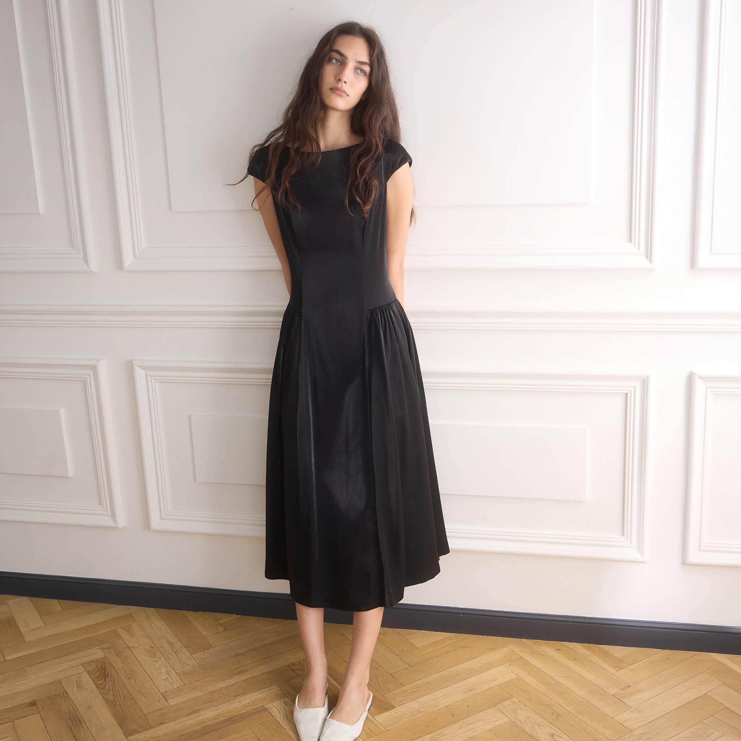 Lichi Black Cap Sleeves Drop Waist Women's Midi Dress-women-clothing-dresses-image-2