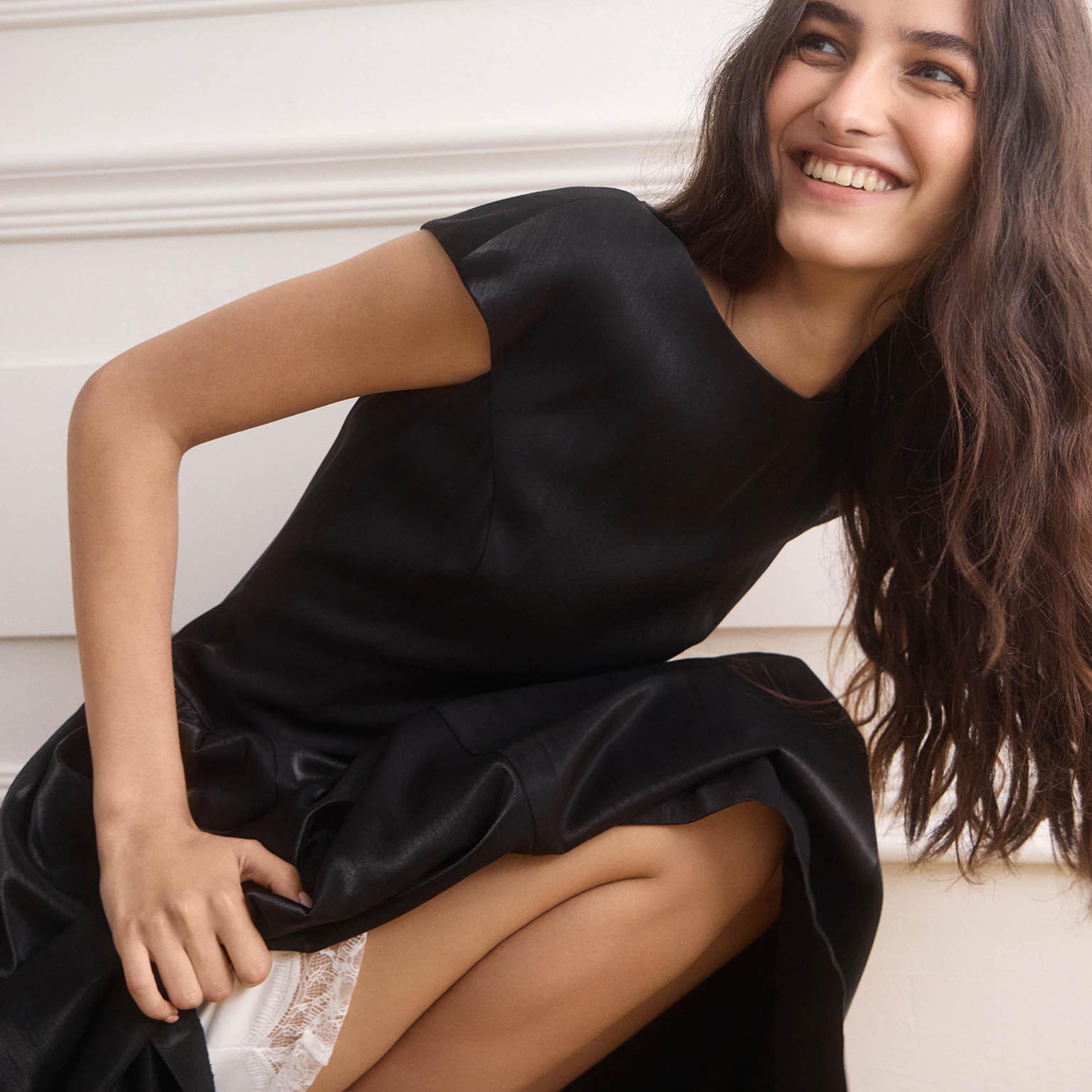Lichi Black Cap Sleeves Drop Waist Women's Midi Dress-women-clothing-dresses-image-3