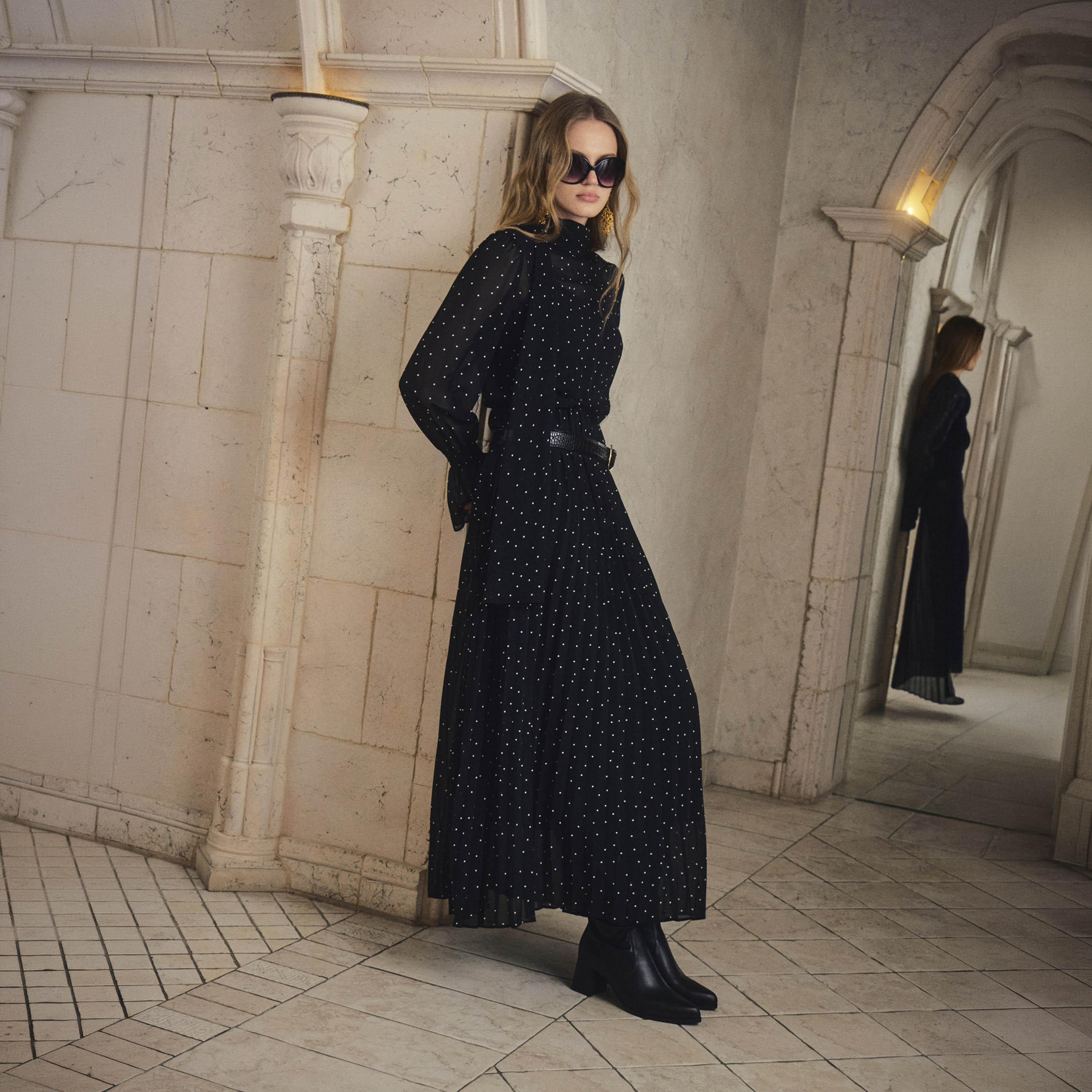 Lichi Black Polka Dot Chiffon High Neck Column Women's Maxi Dress-women-clothing-dresses-image-1