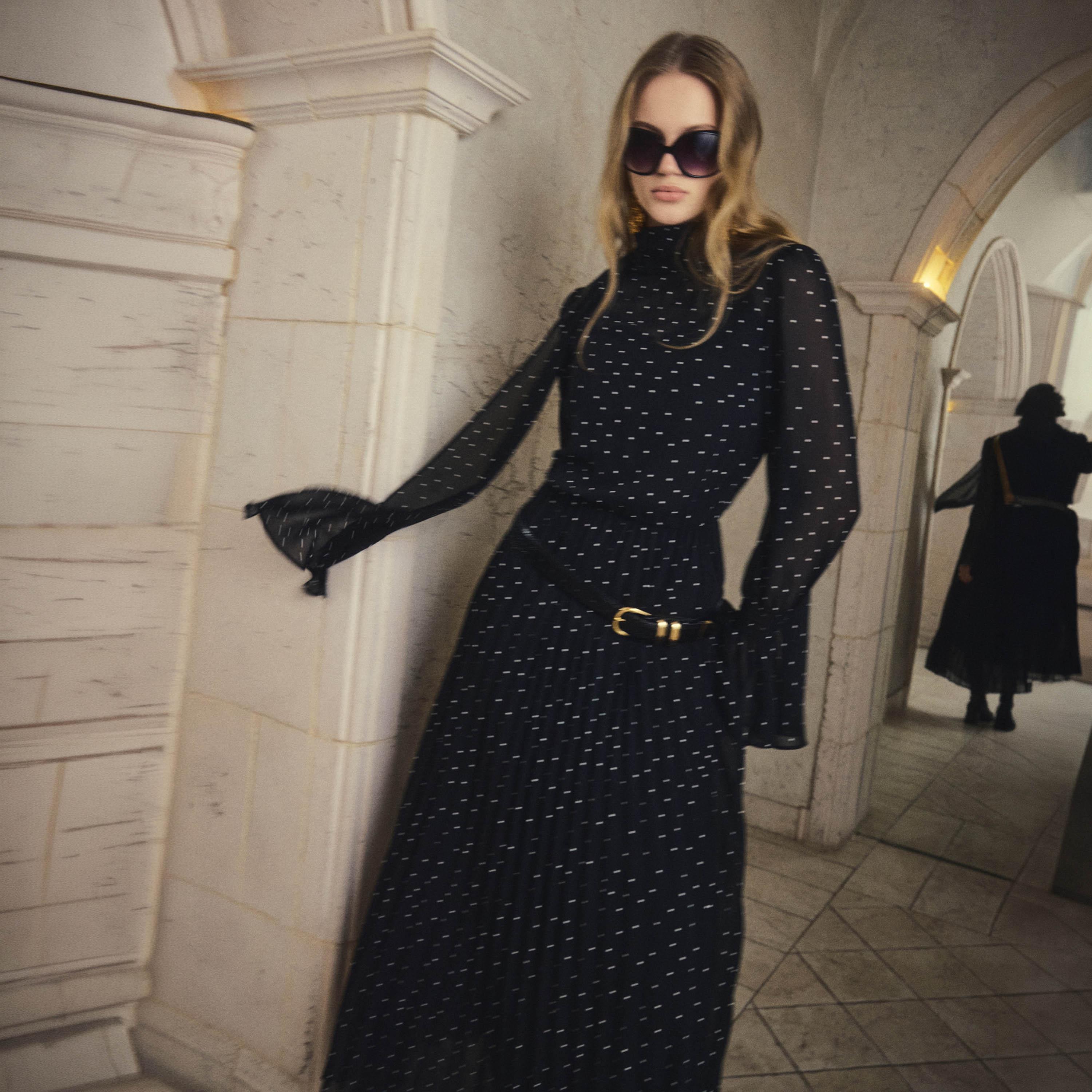 Lichi Black Polka Dot Chiffon High Neck Column Women's Maxi Dress-women-clothing-dresses-image-2