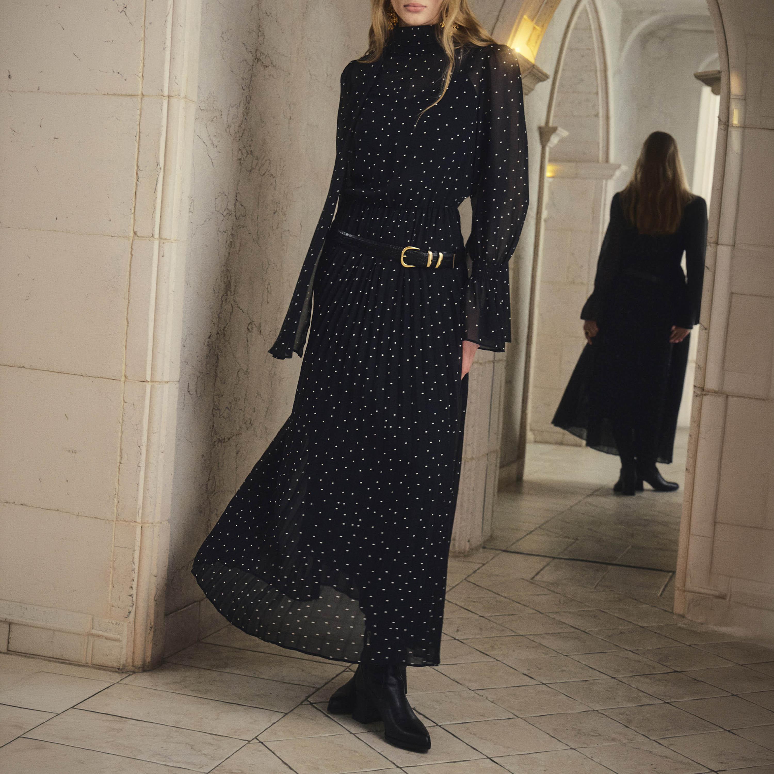 Lichi Black Polka Dot Chiffon High Neck Column Women's Maxi Dress-women-clothing-dresses-image-3
