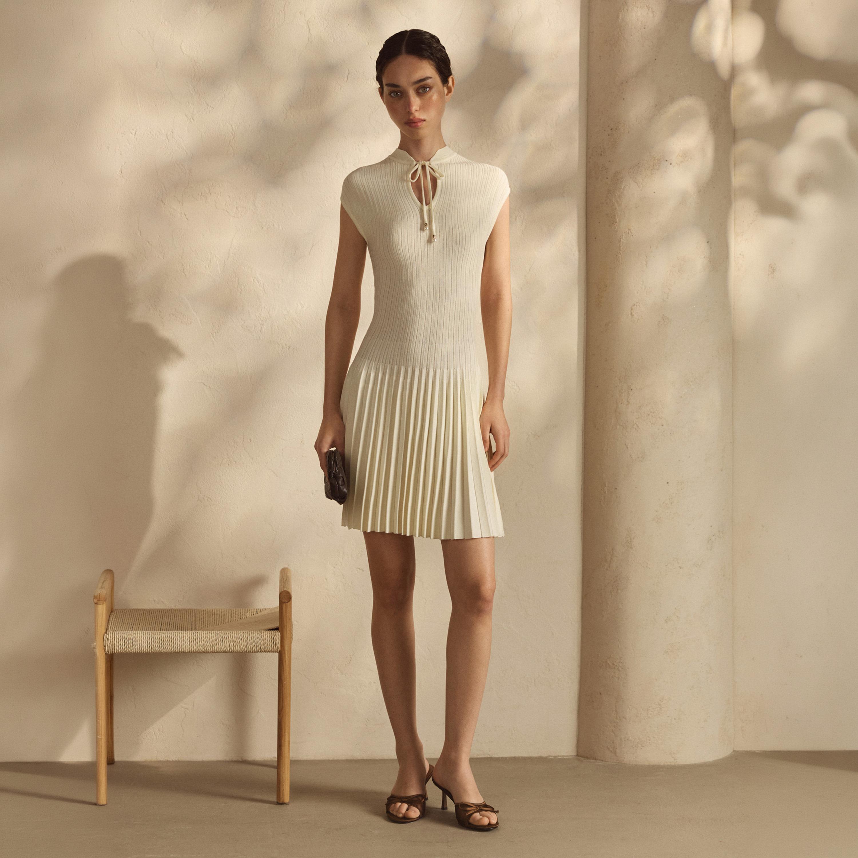 Lichi Cream Openwork Pleated Tie-Up Neck Cap Sleeves Drop-Waist Women's Mini Dress-women-clothing-dresses-image-1
