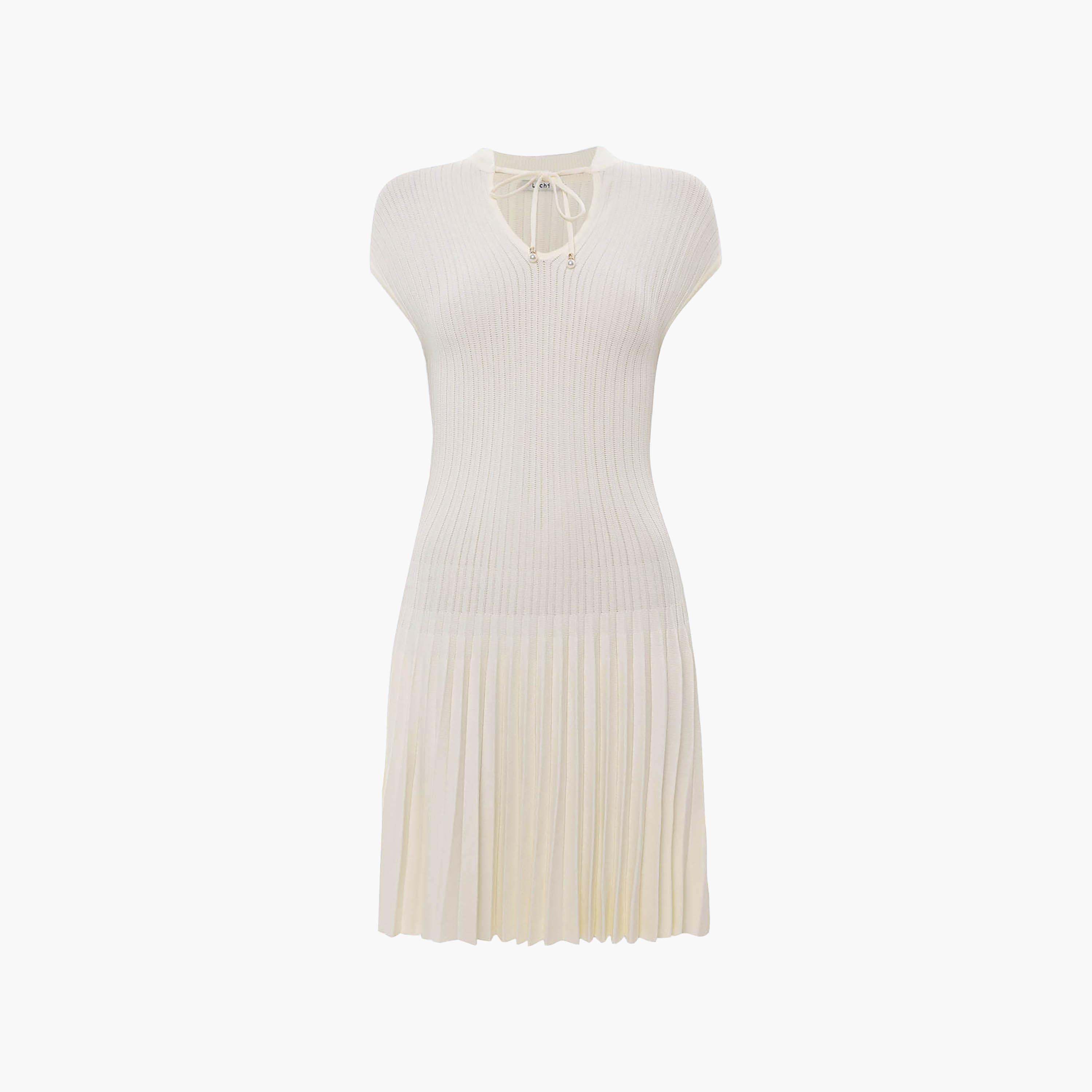 Lichi Cream Openwork Pleated Tie-Up Neck Cap Sleeves Drop-Waist Women's Mini Dress-women-clothing-dresses-image-5
