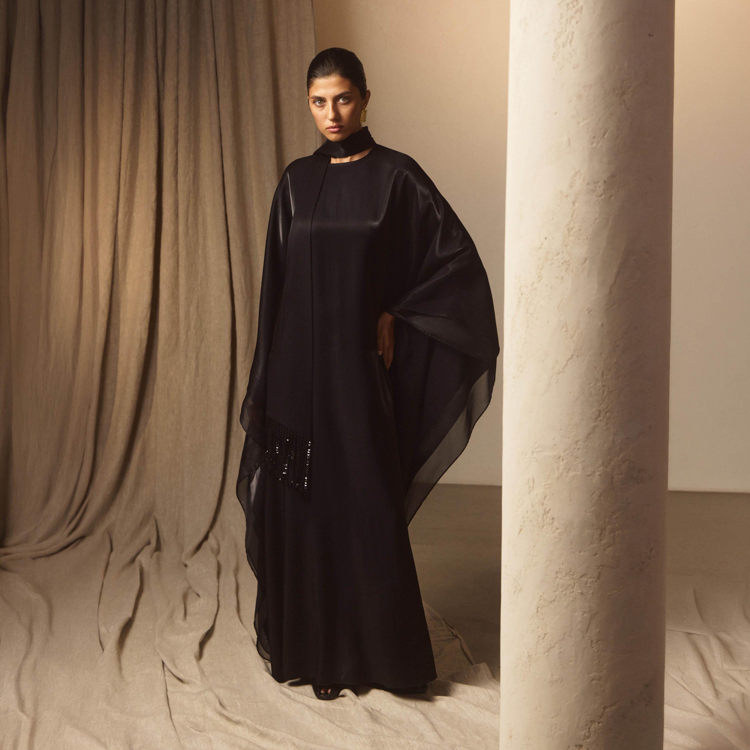 Lichi Satin Sheen High Neck Cape Sleeves Kaftan Women's Maxi Evening Dress-women-clothing-dresses-image-1