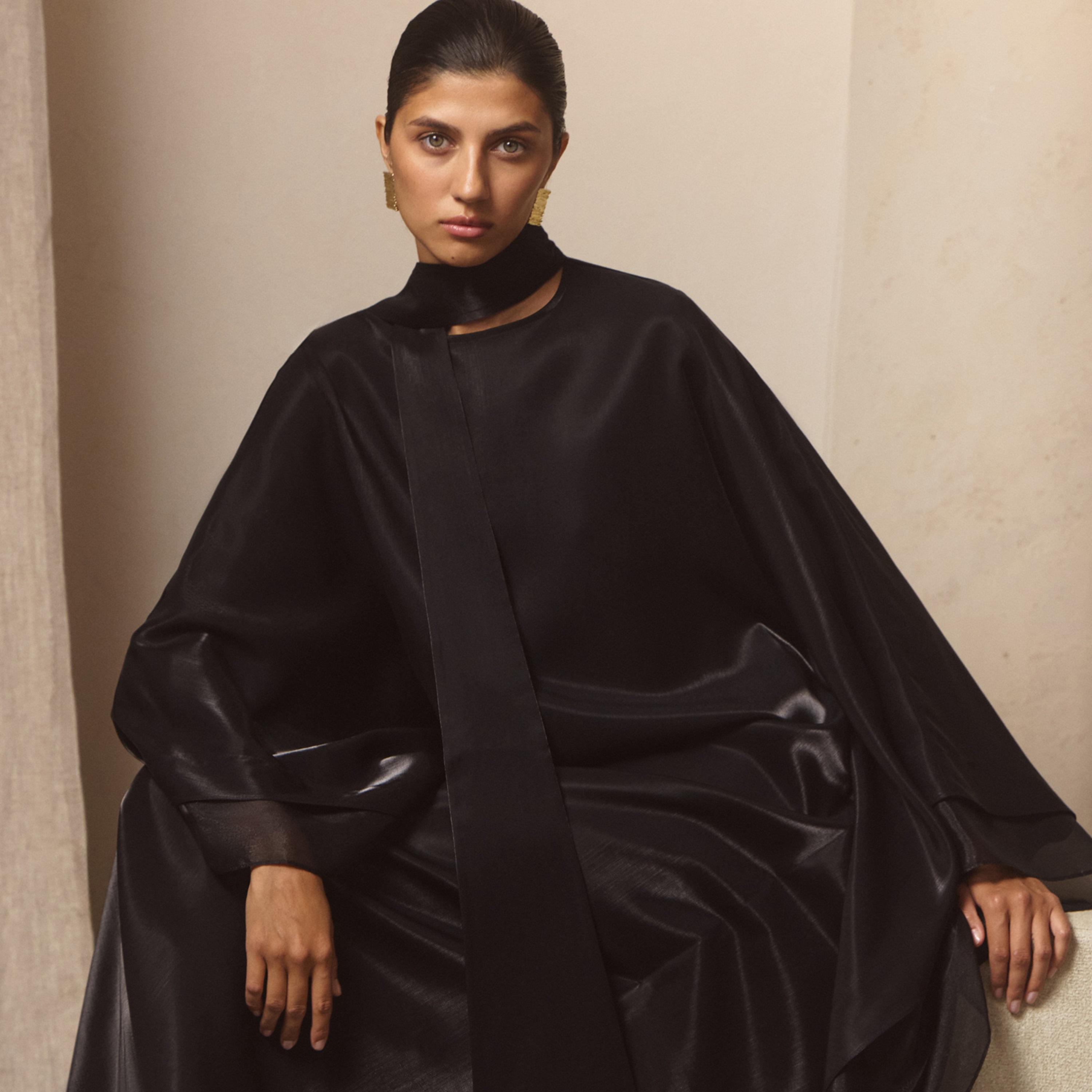 Lichi Satin Sheen High Neck Cape Sleeves Kaftan Women's Maxi Evening Dress-women-clothing-dresses-image-2
