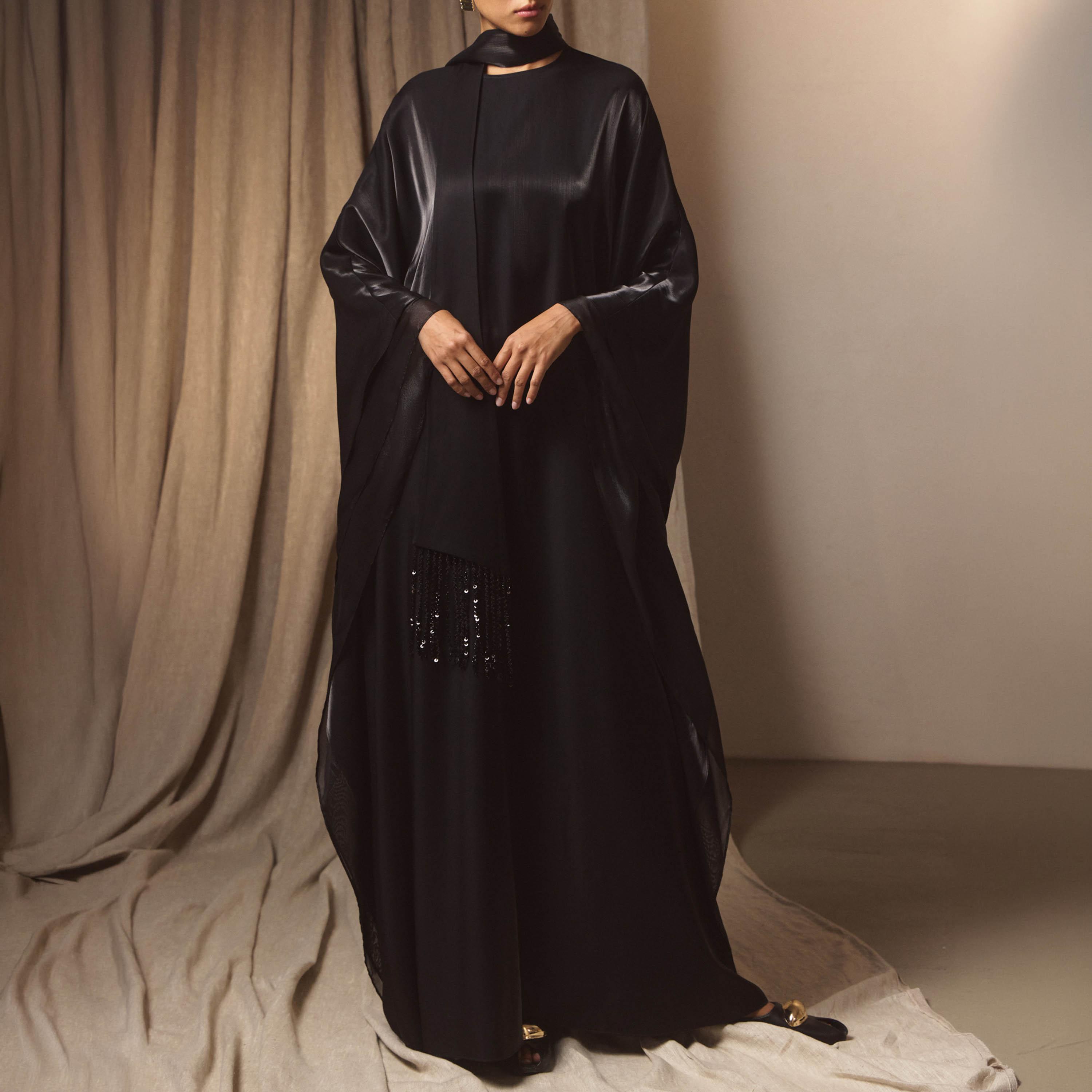 Lichi Satin Sheen High Neck Cape Sleeves Kaftan Women's Maxi Evening Dress-women-clothing-dresses-image-3
