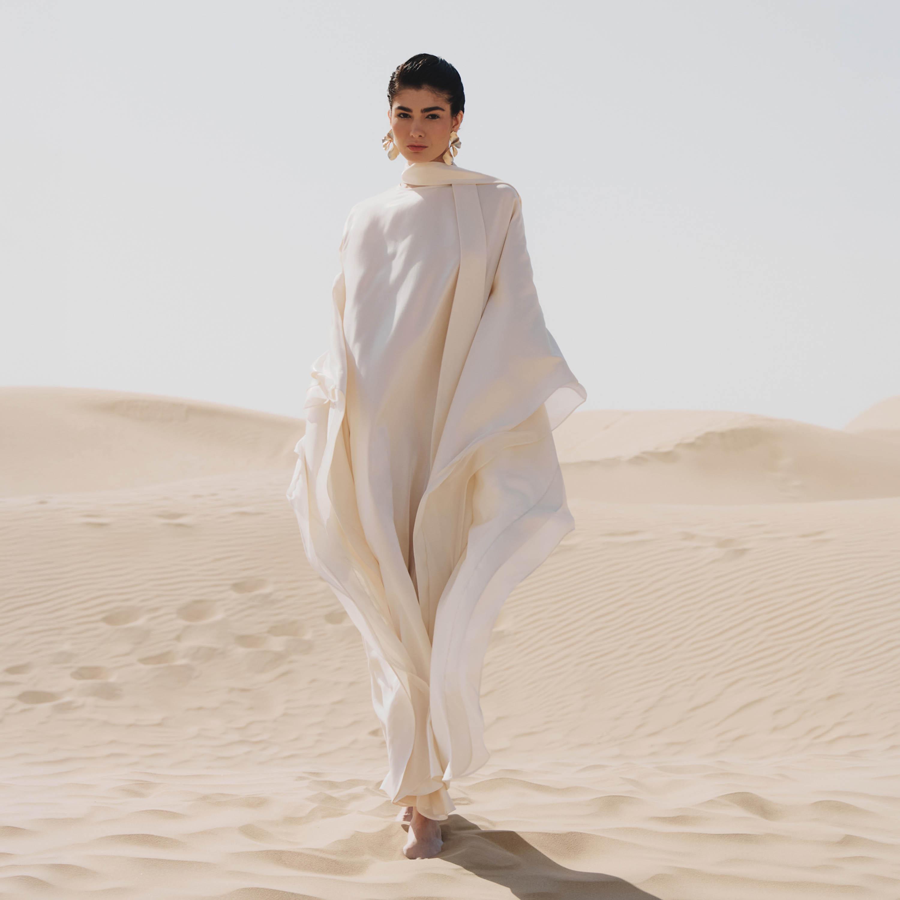 Lichi Satin Sheen High Neck Cape Sleeves Kaftan Women's Maxi Evening Dress-women-clothing-dresses-image-3