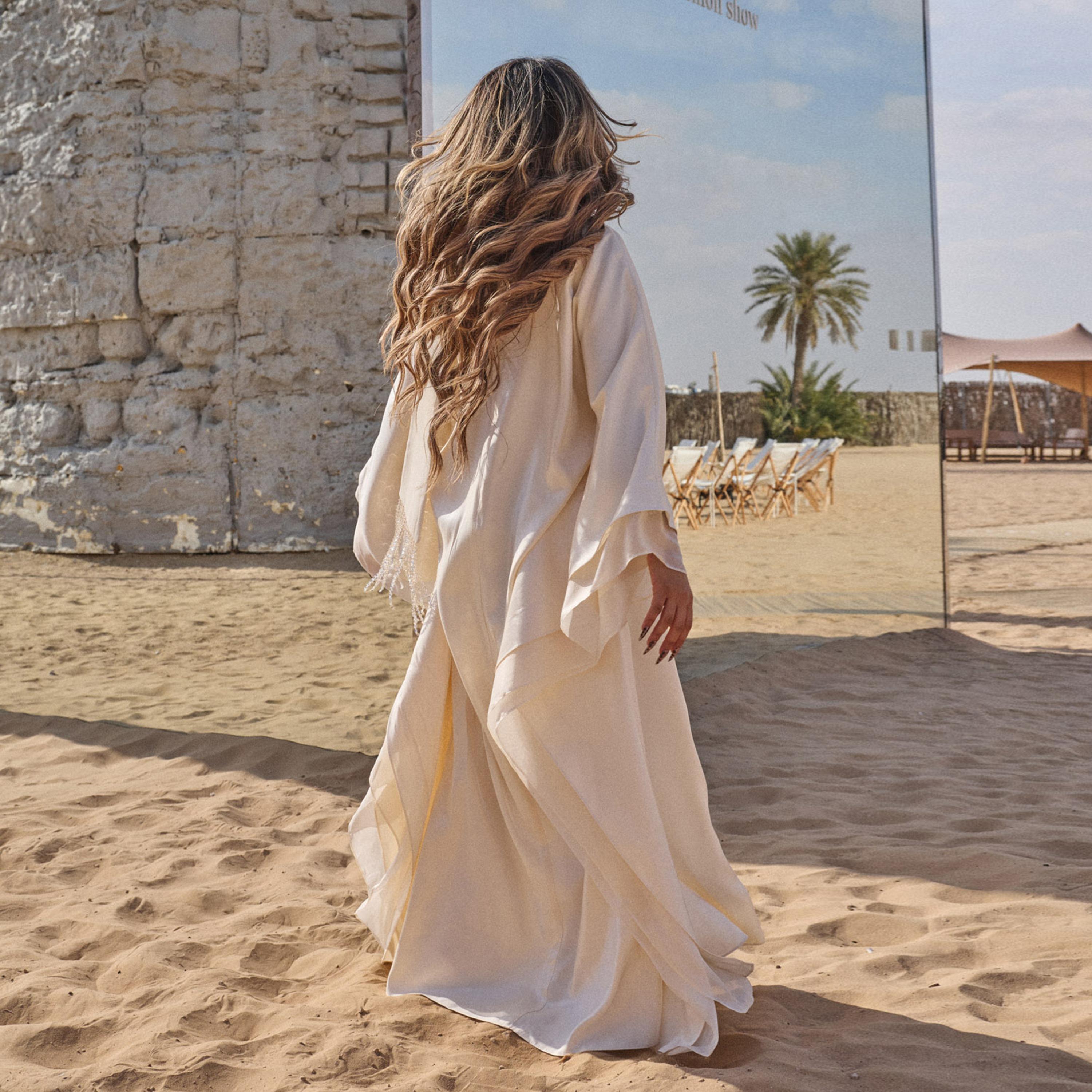 Lichi Satin Sheen High Neck Cape Sleeves Kaftan Women's Maxi Evening Dress-women-clothing-dresses-image-4