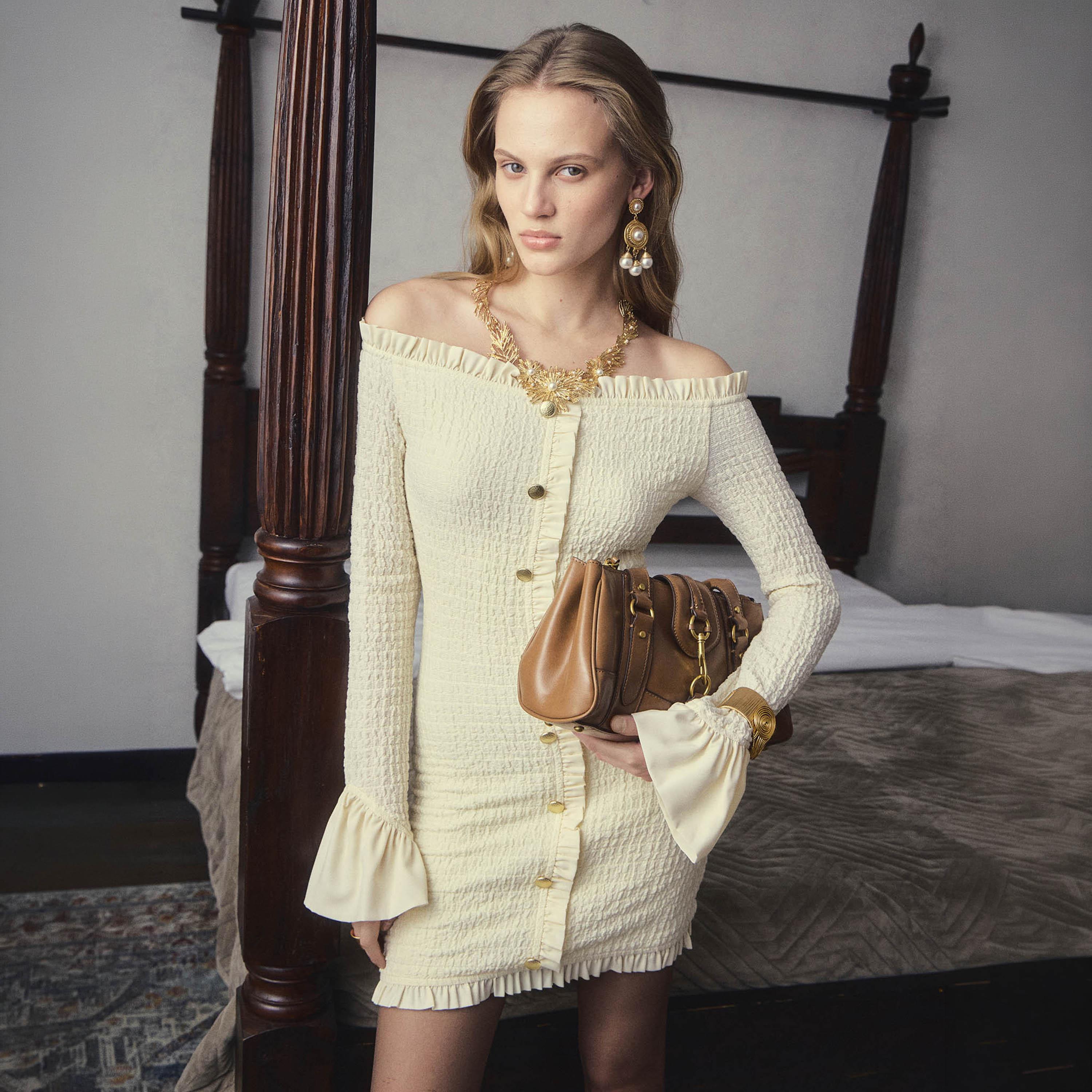 Lichi Cream Crinkled Off-Shoulder Sheath Women's Mini Dress-women-clothing-dresses-image-1