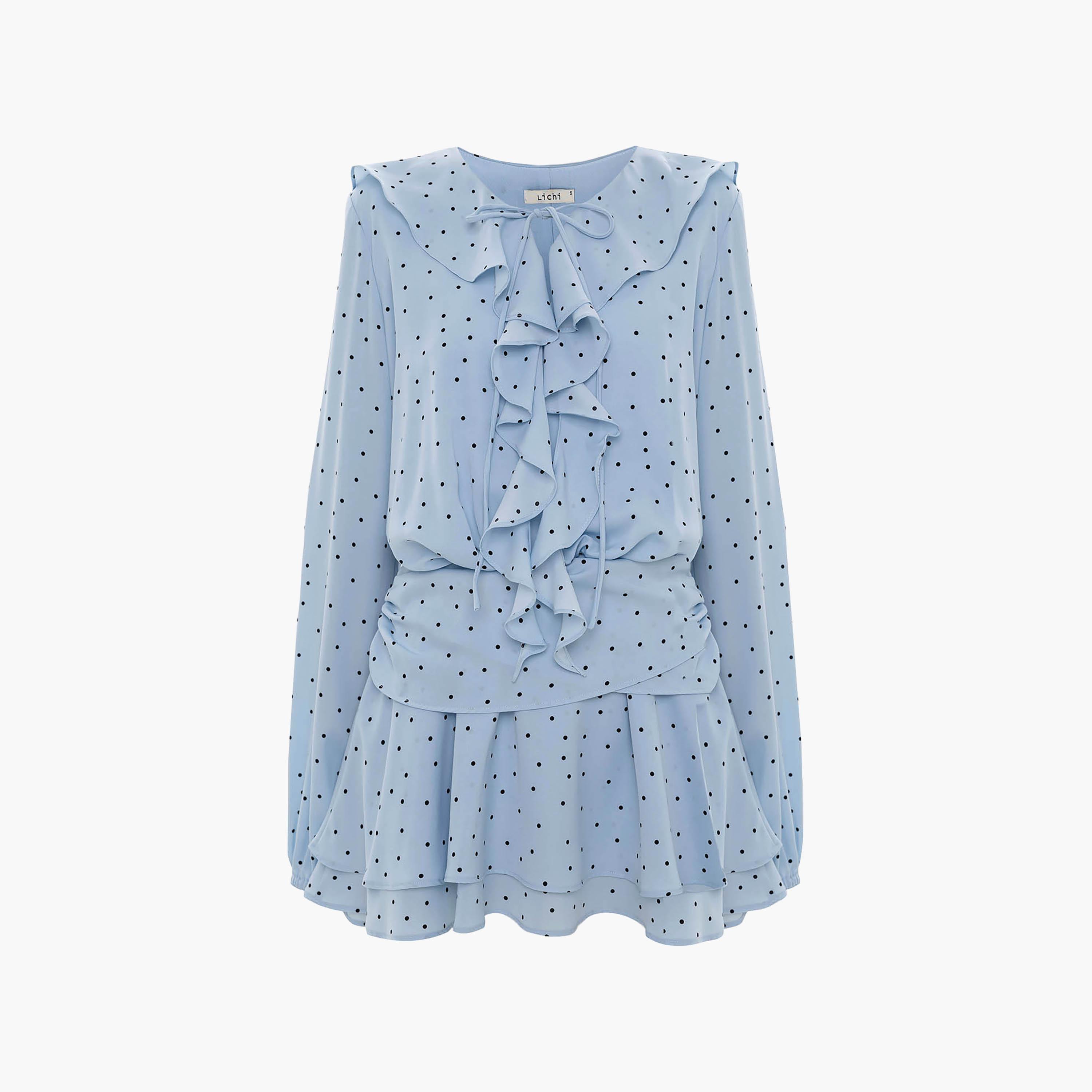Lichi Blue Polka Dot Chiffon Ruffled Women's Mini Dress-women-clothing-dresses-image-5