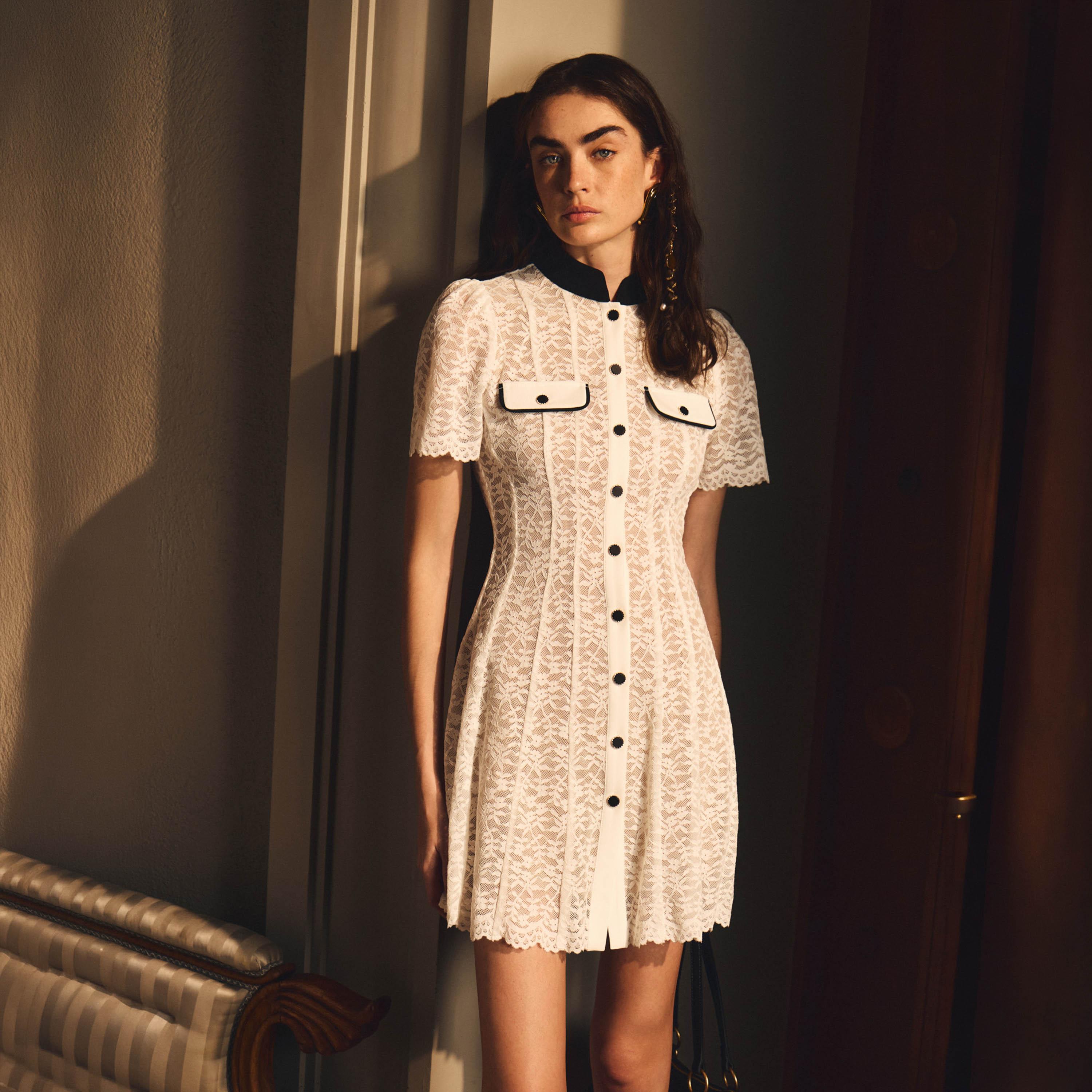 Lichi White All-Over Lace Contrast Mandarin Collar Sheath Women's Mini Dress-women-clothing-dresses-image-2