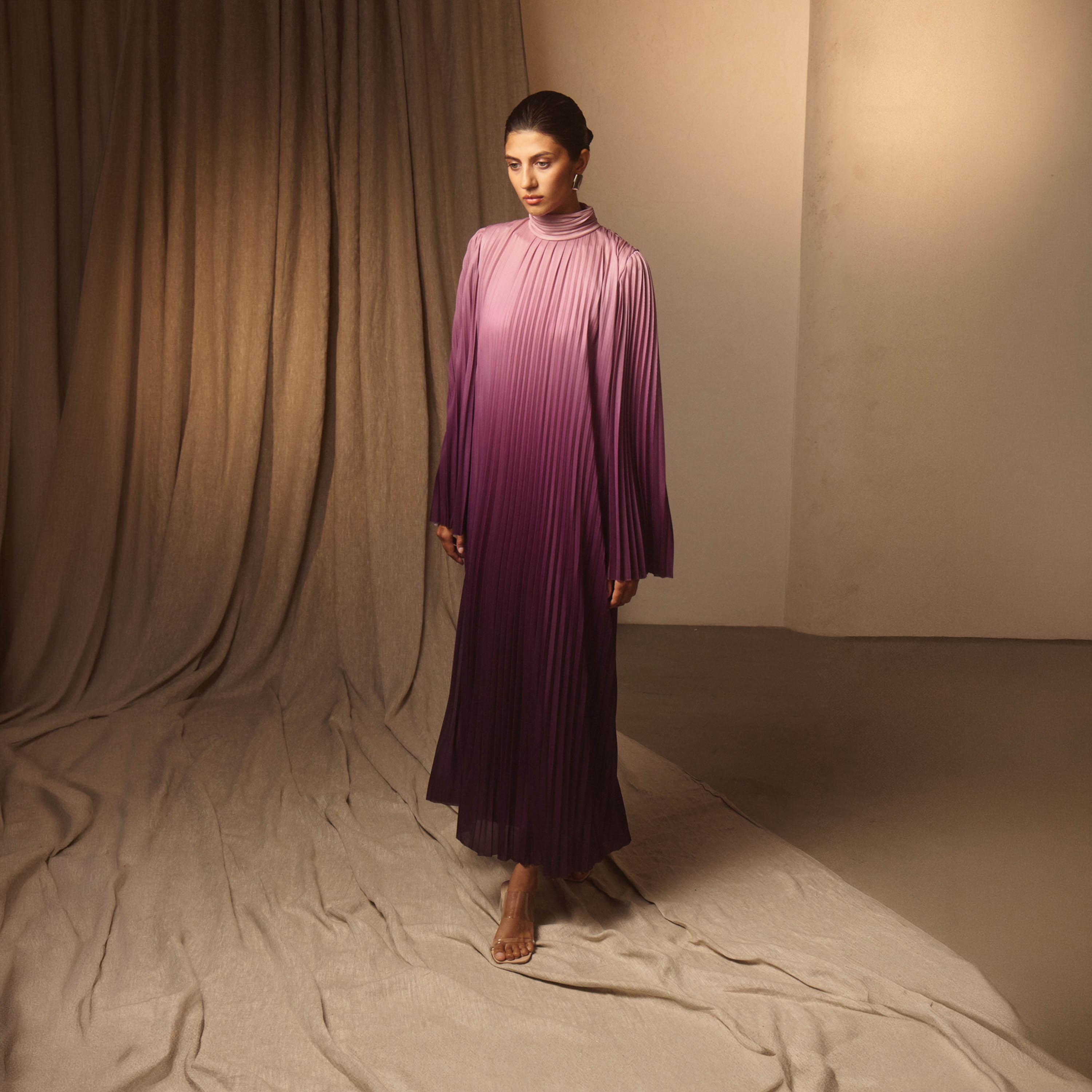 Lichi Purple Smooth Gradient High Neck Pleated Sleeves Women's Maxi Dress-women-clothing-dresses-image-1