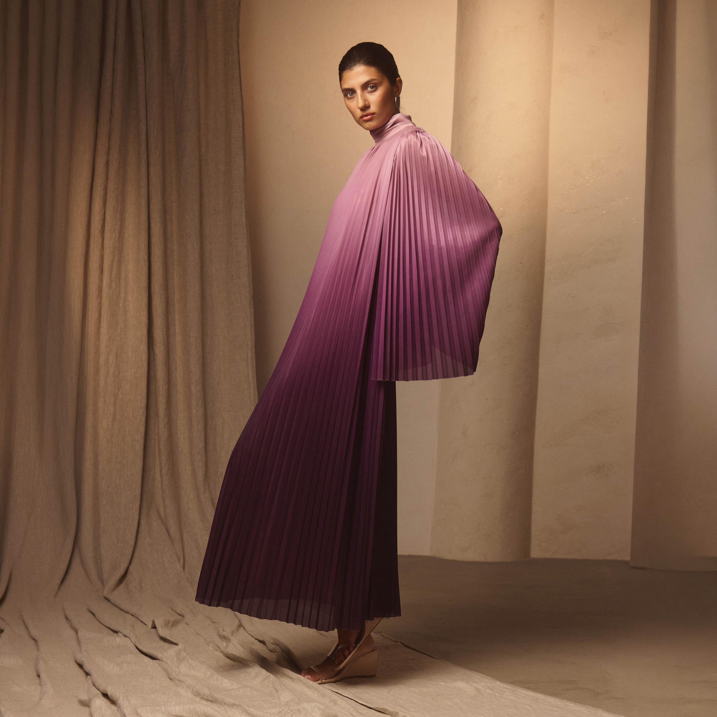 Lichi Purple Smooth Gradient High Neck Pleated Sleeves Women's Maxi Dress-women-clothing-dresses-image-2