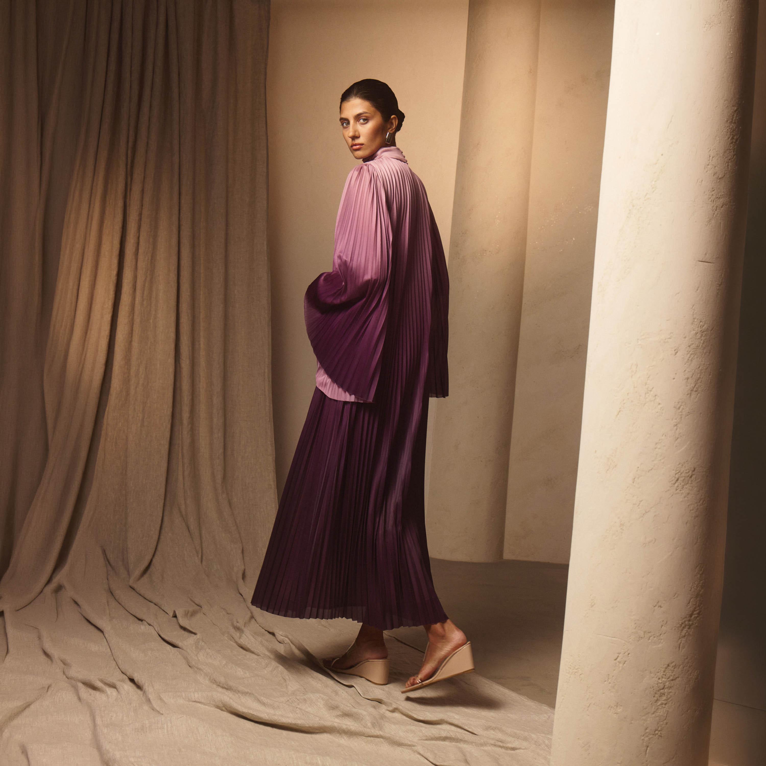 Lichi Purple Smooth Gradient High Neck Pleated Sleeves Women's Maxi Dress-women-clothing-dresses-image-3