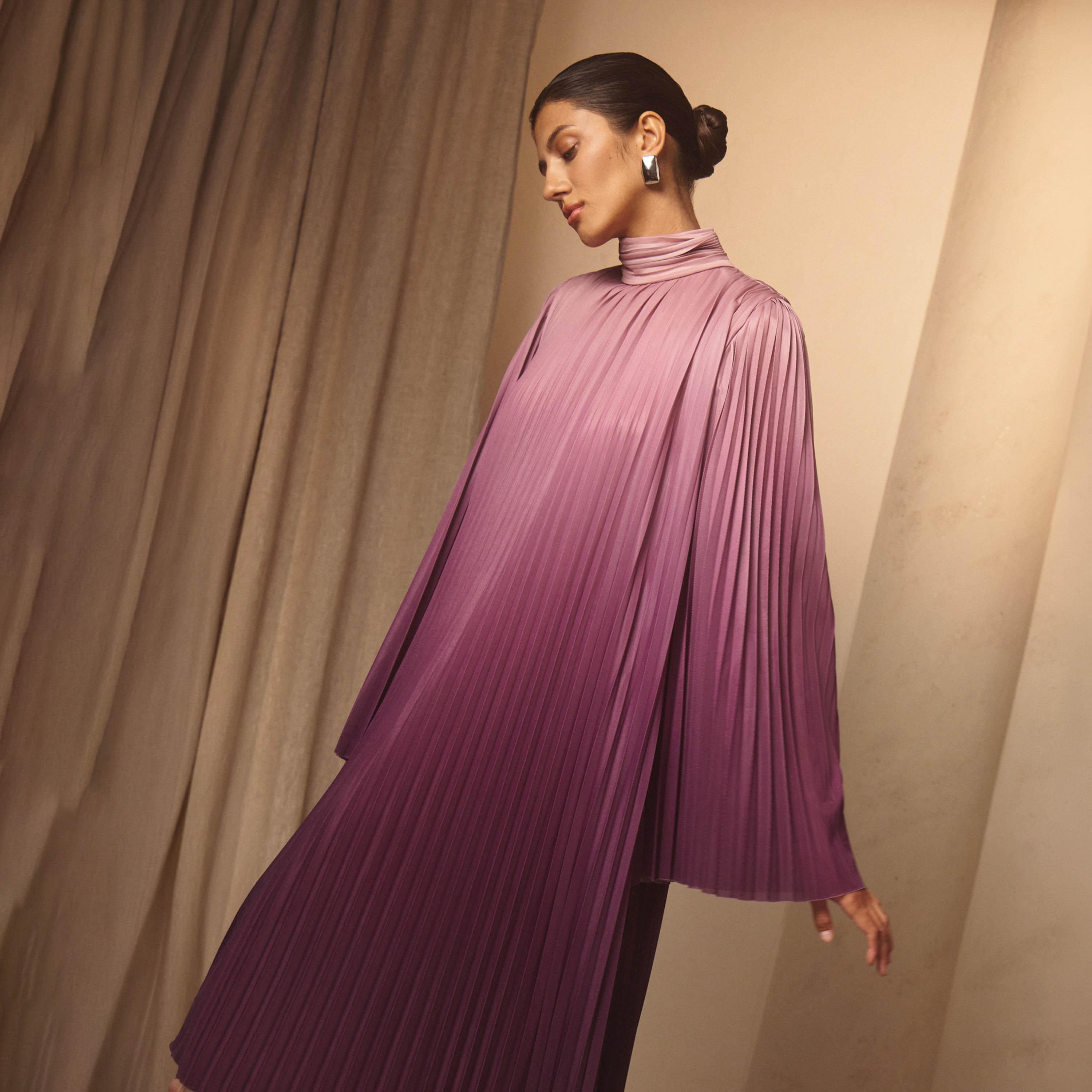 Lichi Purple Smooth Gradient High Neck Pleated Sleeves Women's Maxi Dress-women-clothing-dresses-image-4