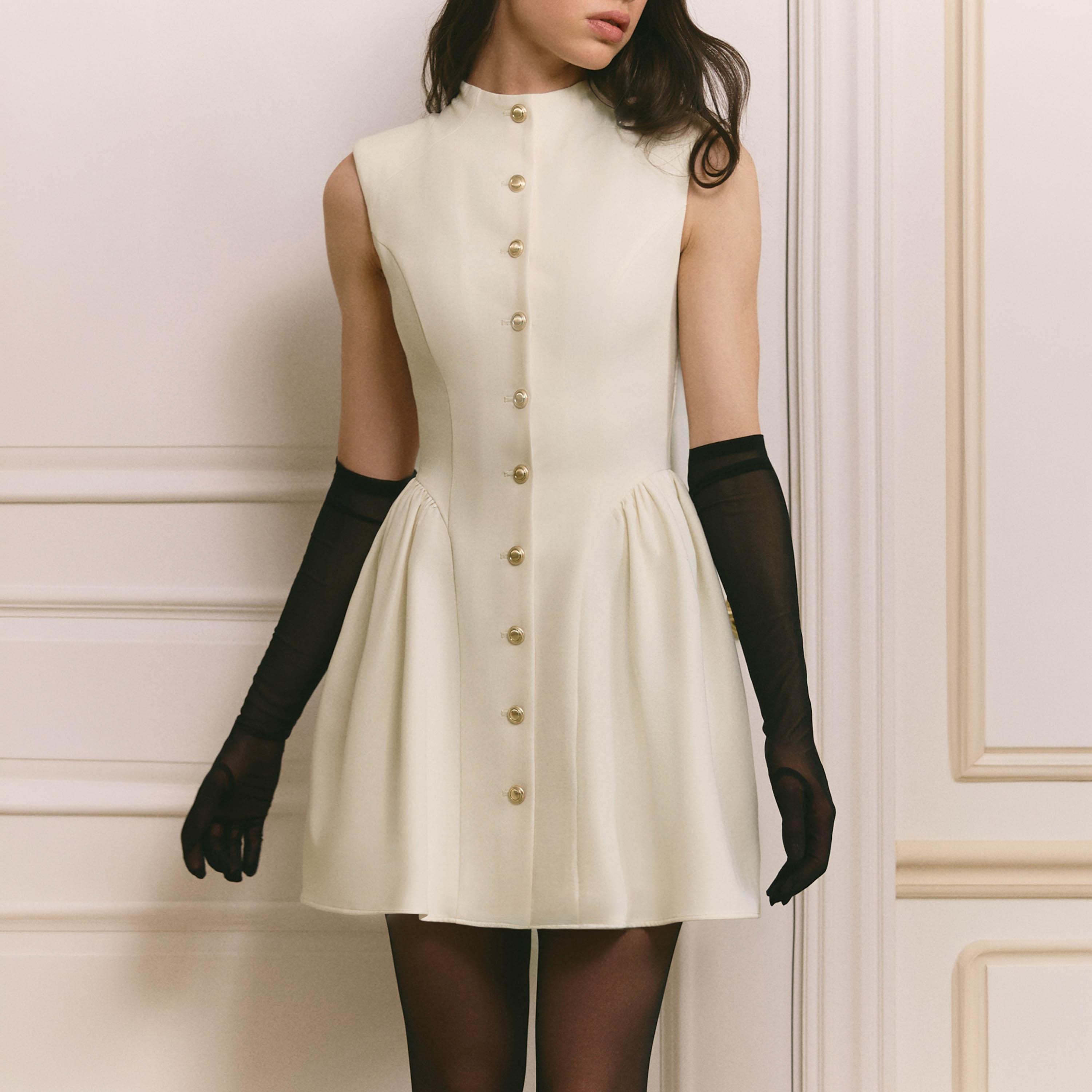 Lichi Cream Mock Neck Fit & Flared Women's Mini Dress-women-clothing-dresses-image-4