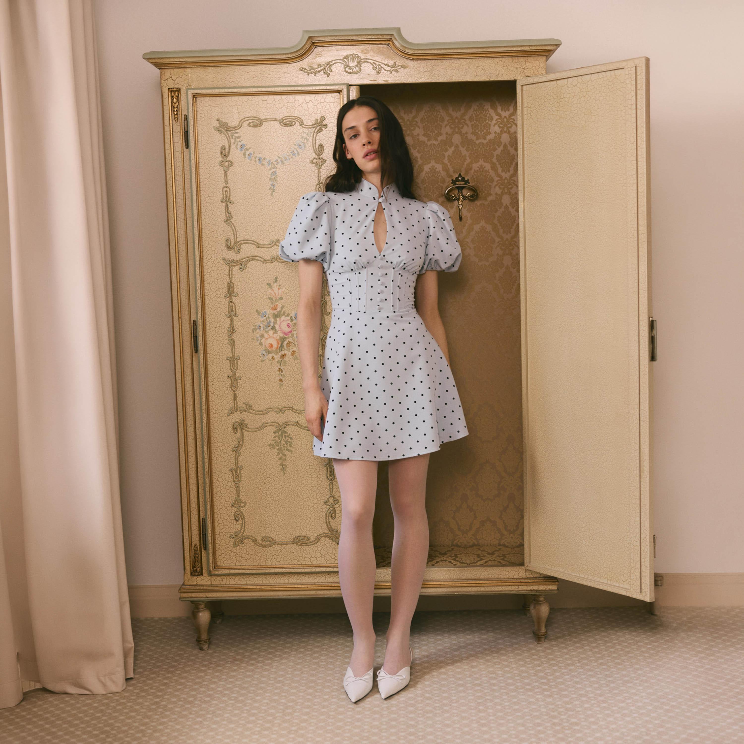 Lichi Blue Polka Dot Mandarin Collar Puff Sleeves Skater Women's Mini Dress-women-clothing-dresses-image-1