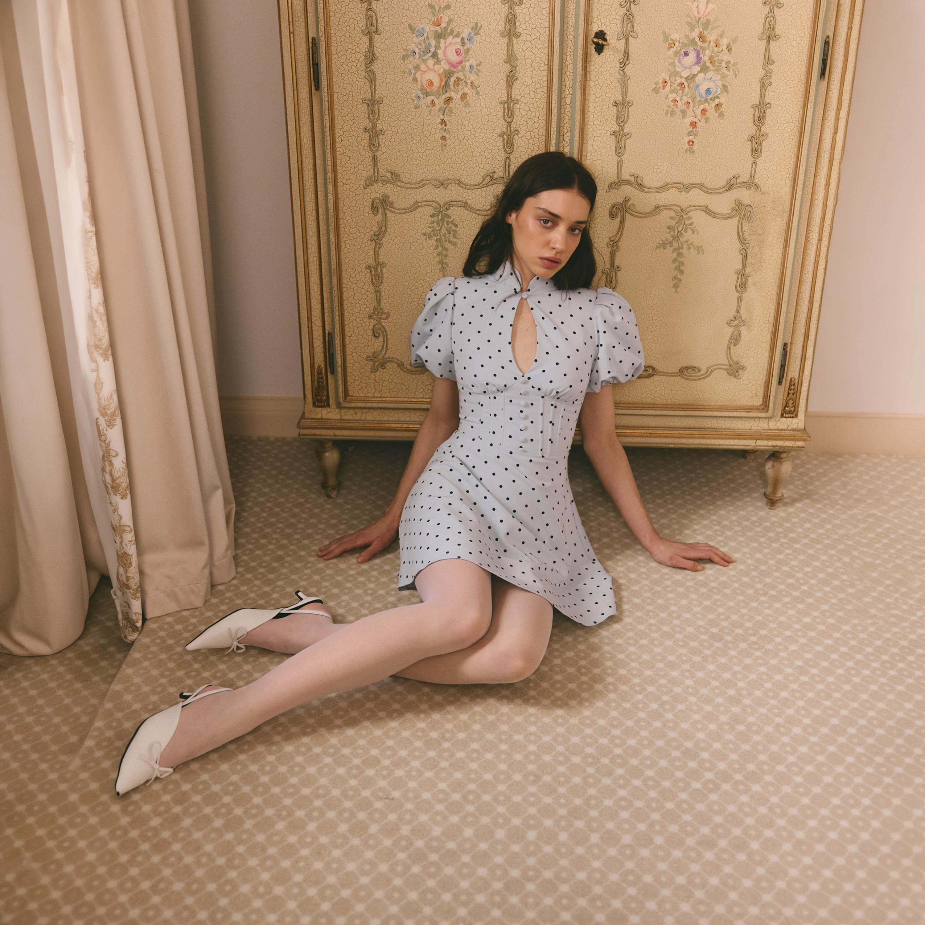 Lichi Blue Polka Dot Mandarin Collar Puff Sleeves Skater Women's Mini Dress-women-clothing-dresses-image-2