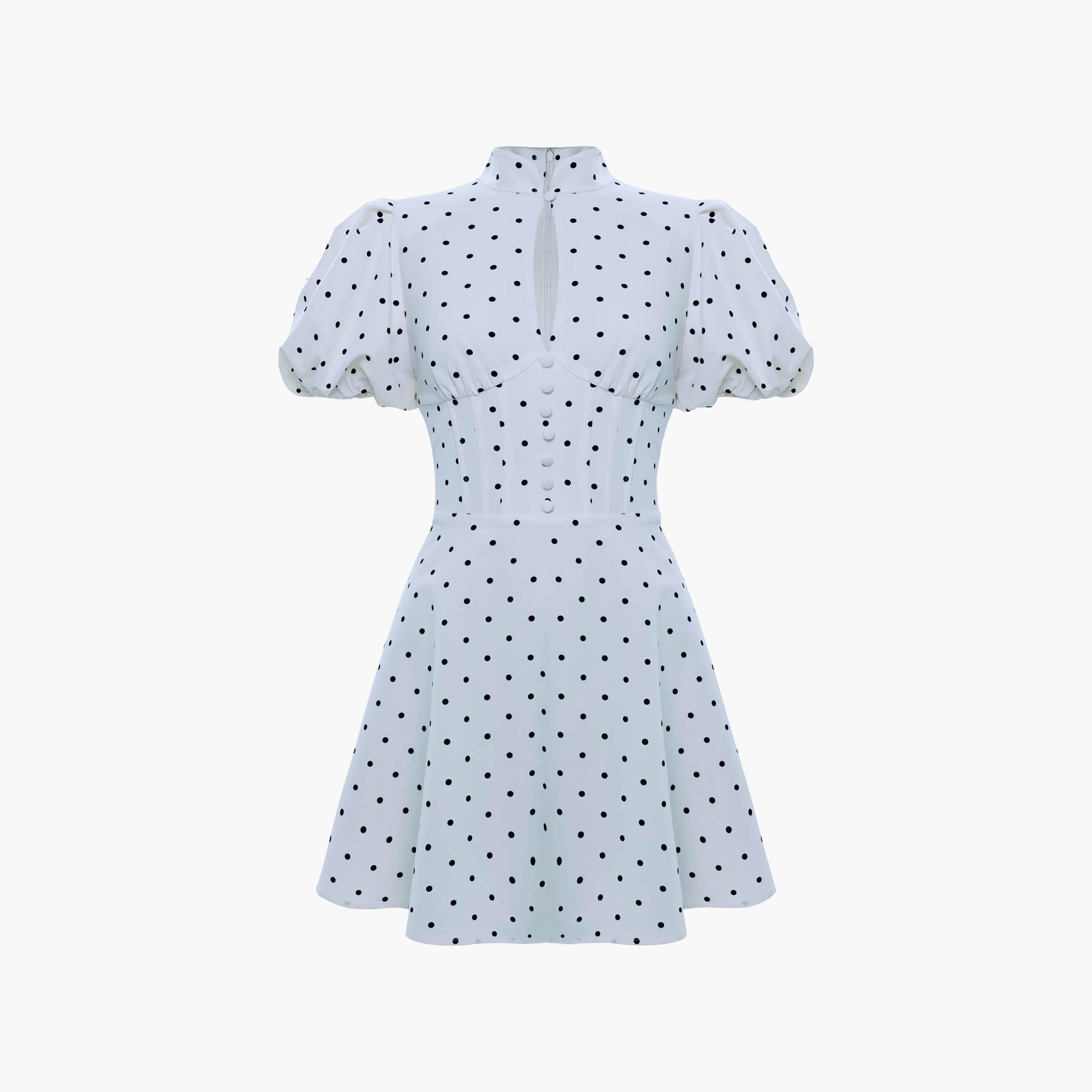 Lichi Blue Polka Dot Mandarin Collar Puff Sleeves Skater Women's Mini Dress-women-clothing-dresses-image-4