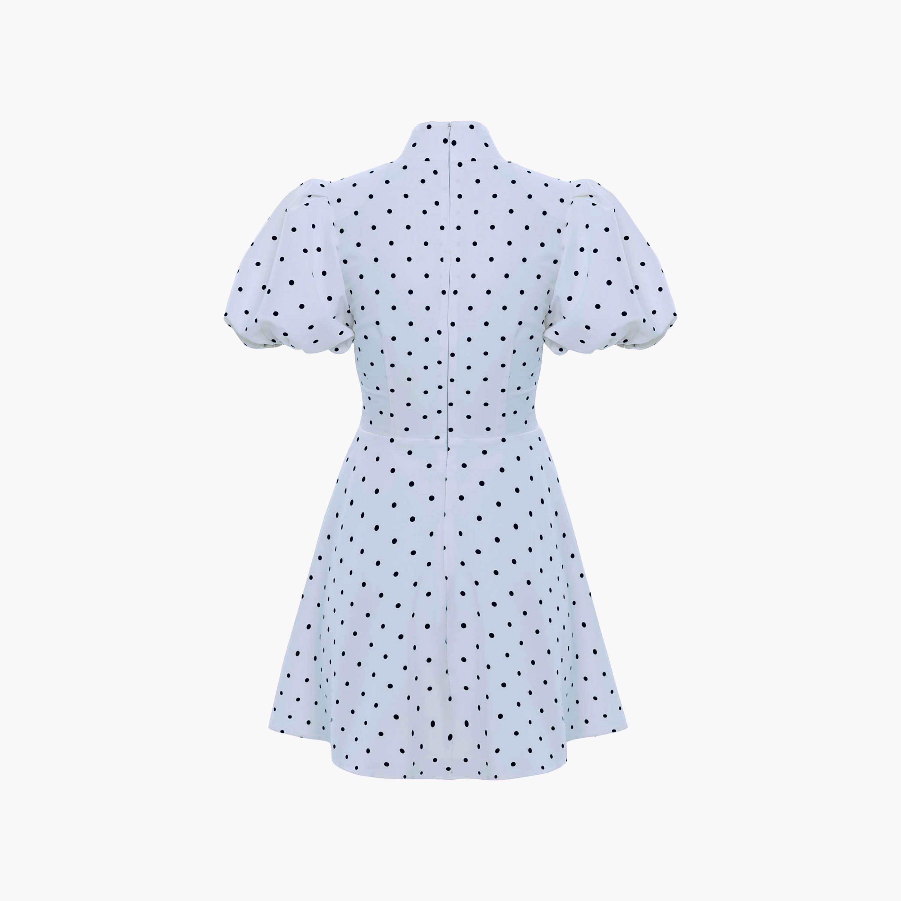 Lichi Blue Polka Dot Mandarin Collar Puff Sleeves Skater Women's Mini Dress-women-clothing-dresses-image-5