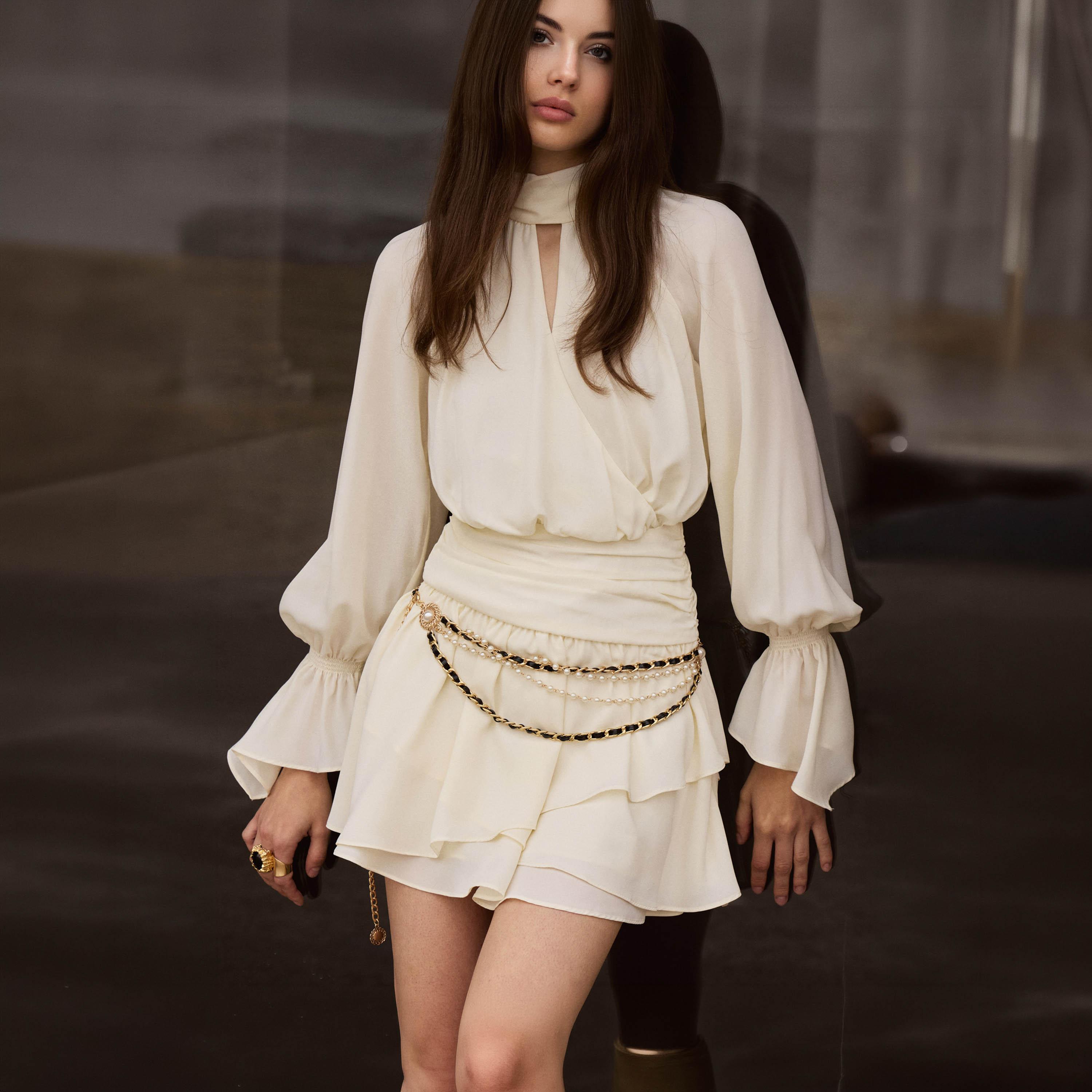Lichi Cream Gathered High Neck Elasticated Cuff Sleeves Fit & Flared Women's Mini Dress-women-clothing-dresses-image-2