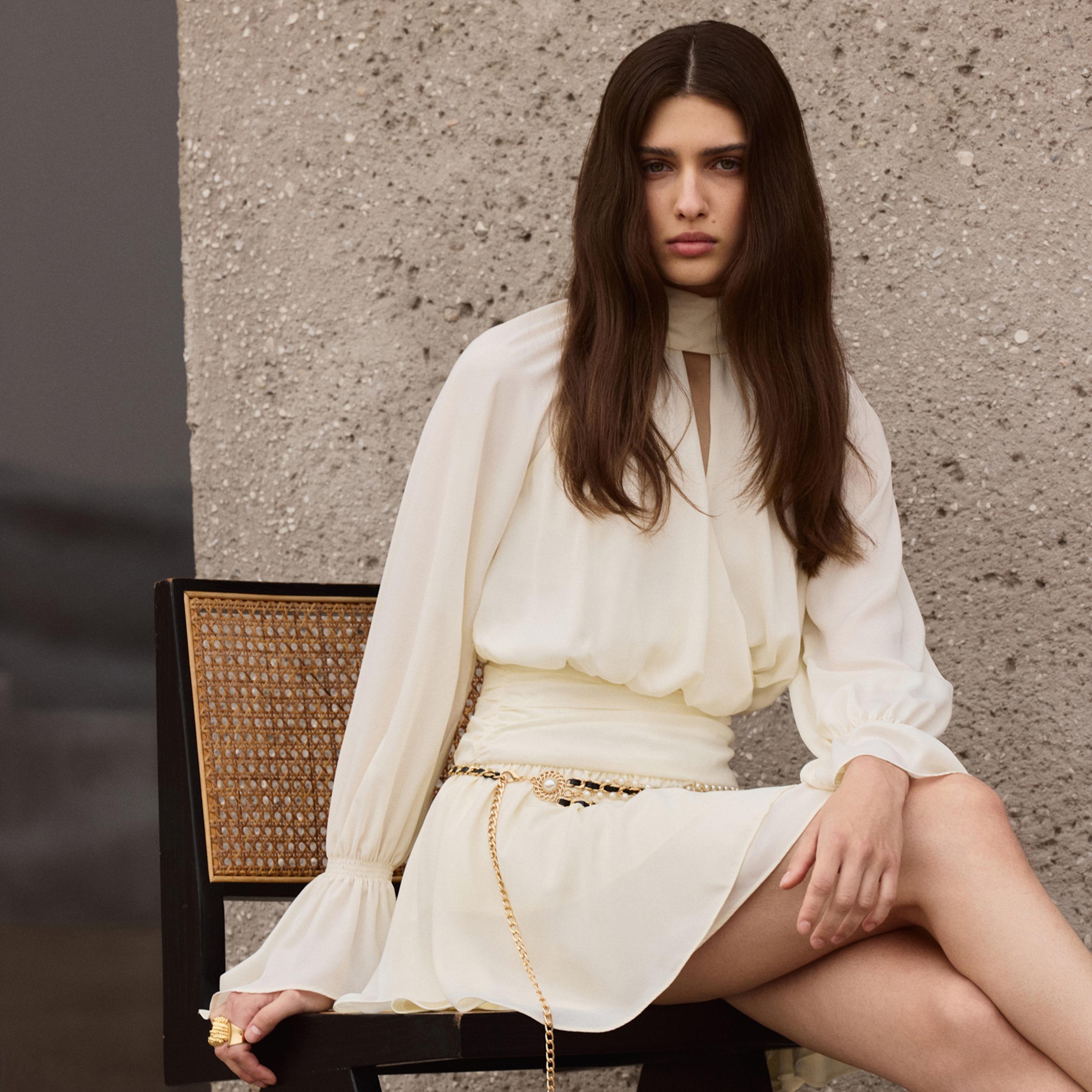 Lichi Cream Gathered High Neck Elasticated Cuff Sleeves Fit & Flared Women's Mini Dress-women-clothing-dresses-image-3