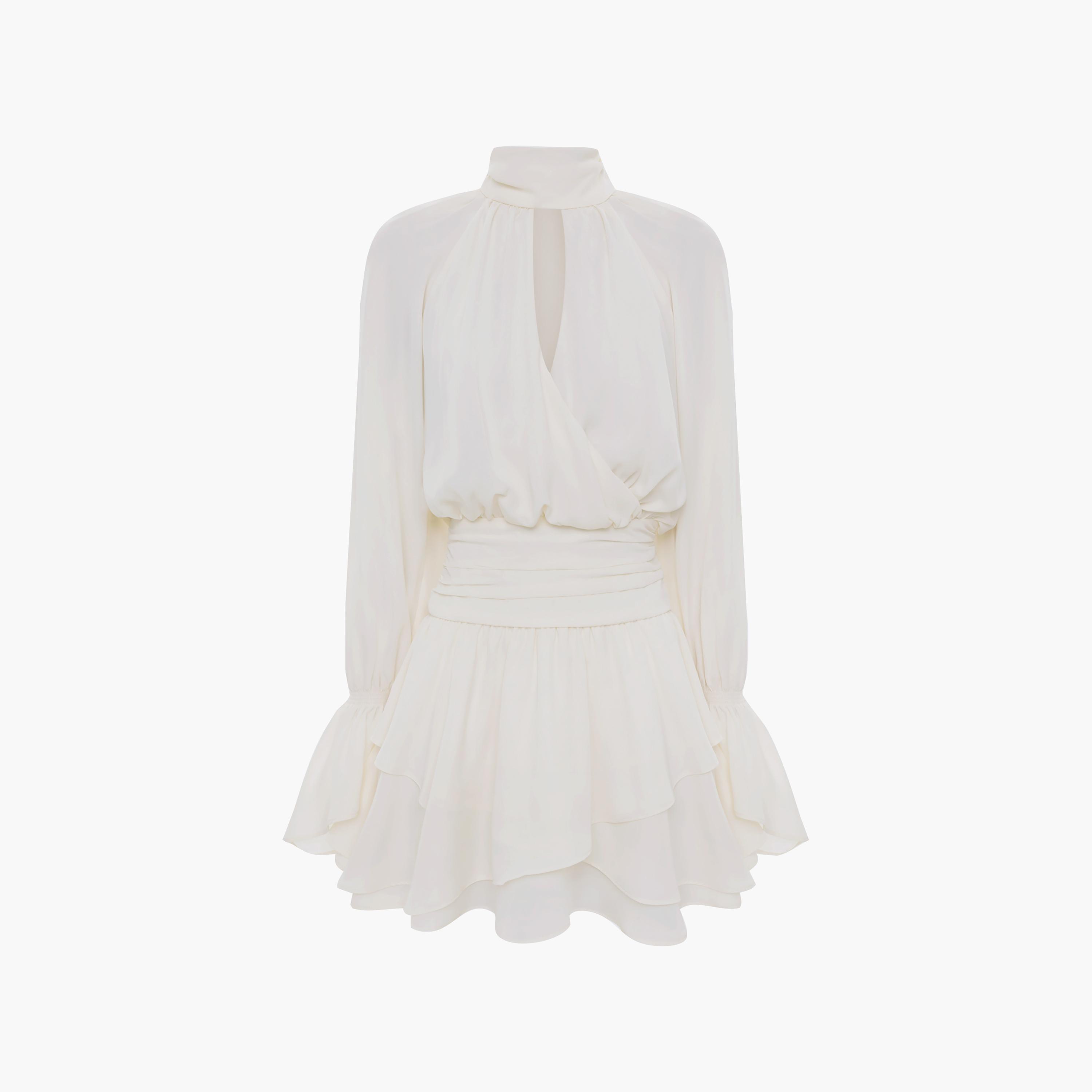 Lichi Cream Gathered High Neck Elasticated Cuff Sleeves Fit & Flared Women's Mini Dress-women-clothing-dresses-image-4