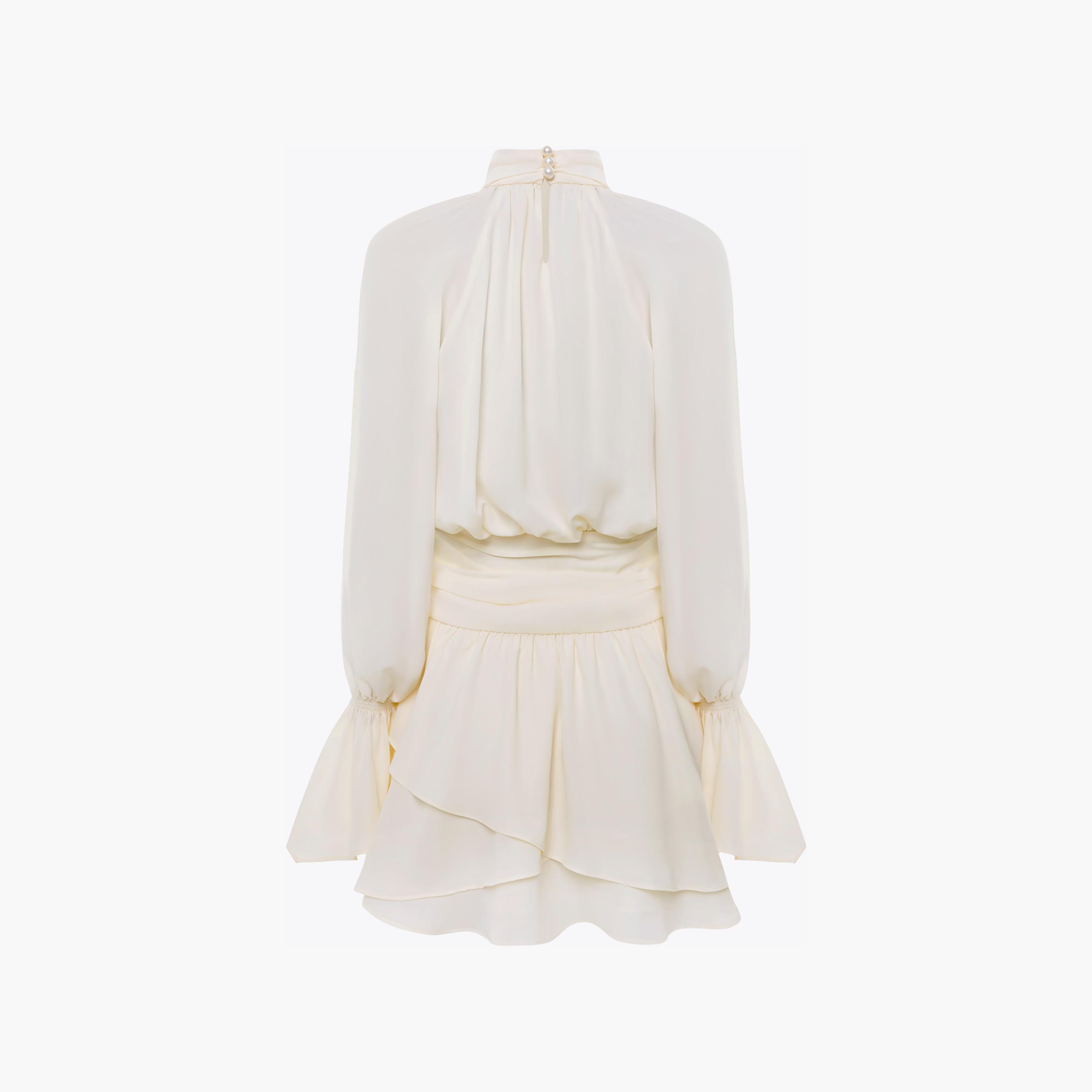 Lichi Cream Gathered High Neck Elasticated Cuff Sleeves Fit & Flared Women's Mini Dress-women-clothing-dresses-image-5