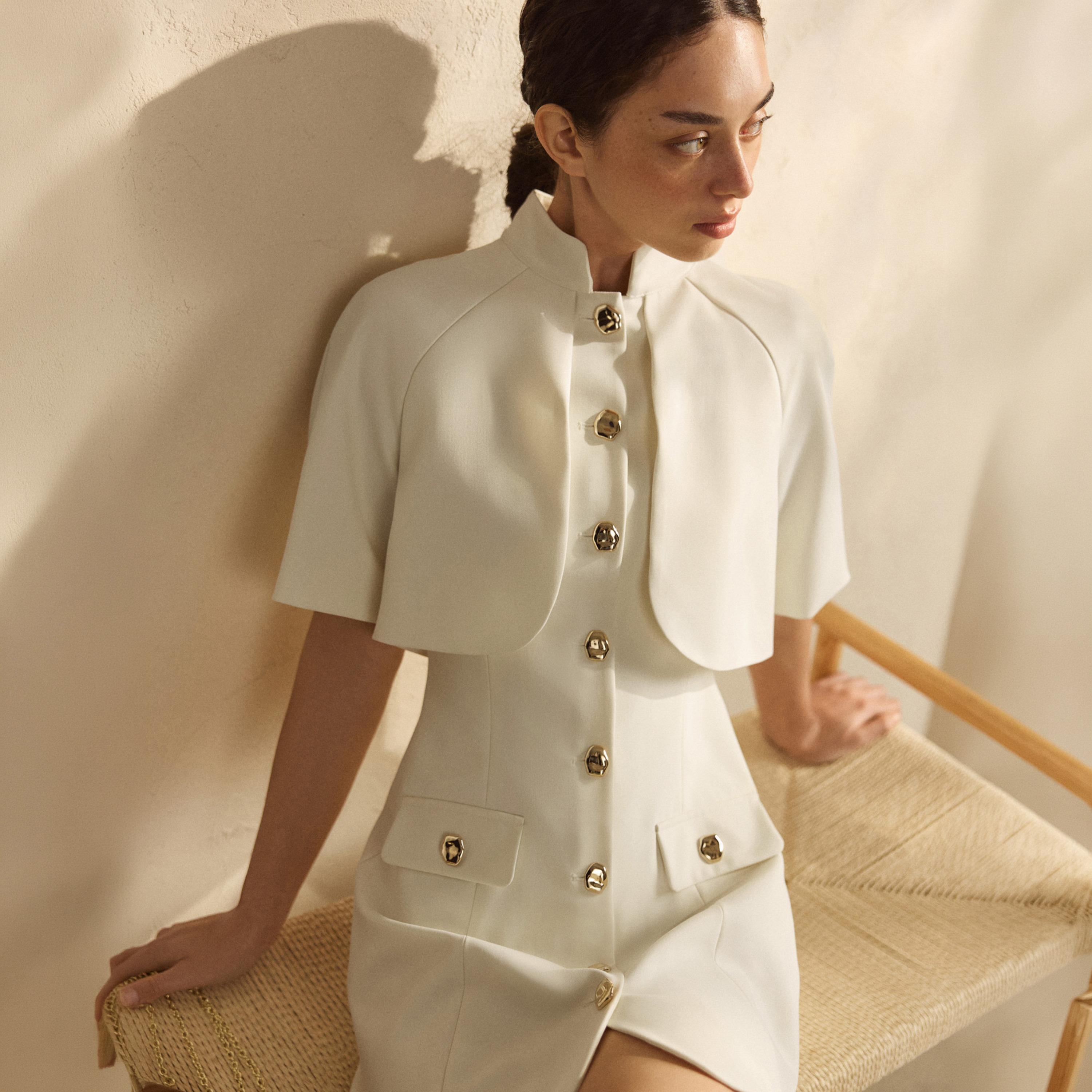 Lichi Cream Mandarin Collar Raglan Sleeves Sheath Women's Mini Dress-women-clothing-dresses-image-3