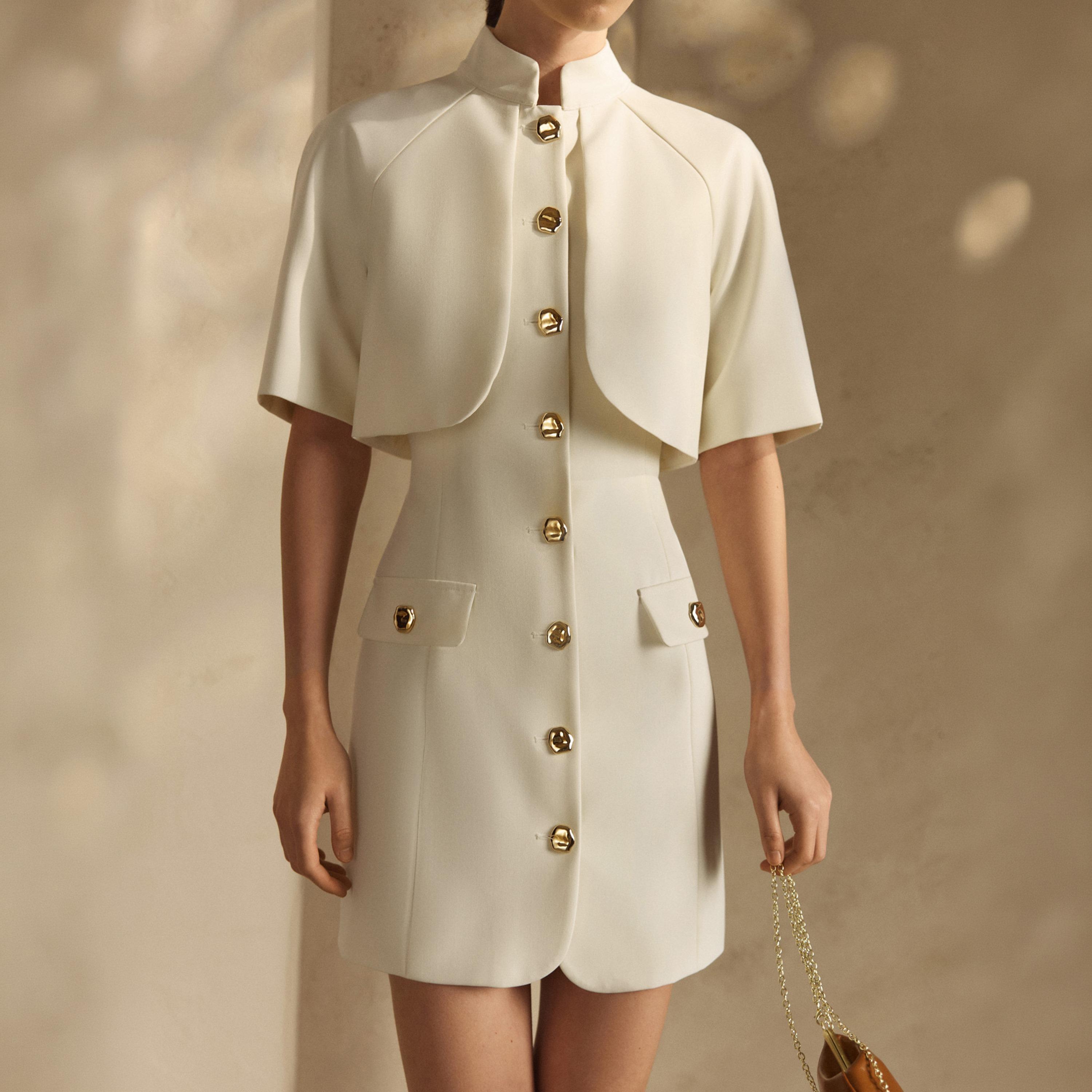 Lichi Cream Mandarin Collar Raglan Sleeves Sheath Women's Mini Dress-women-clothing-dresses-image-4