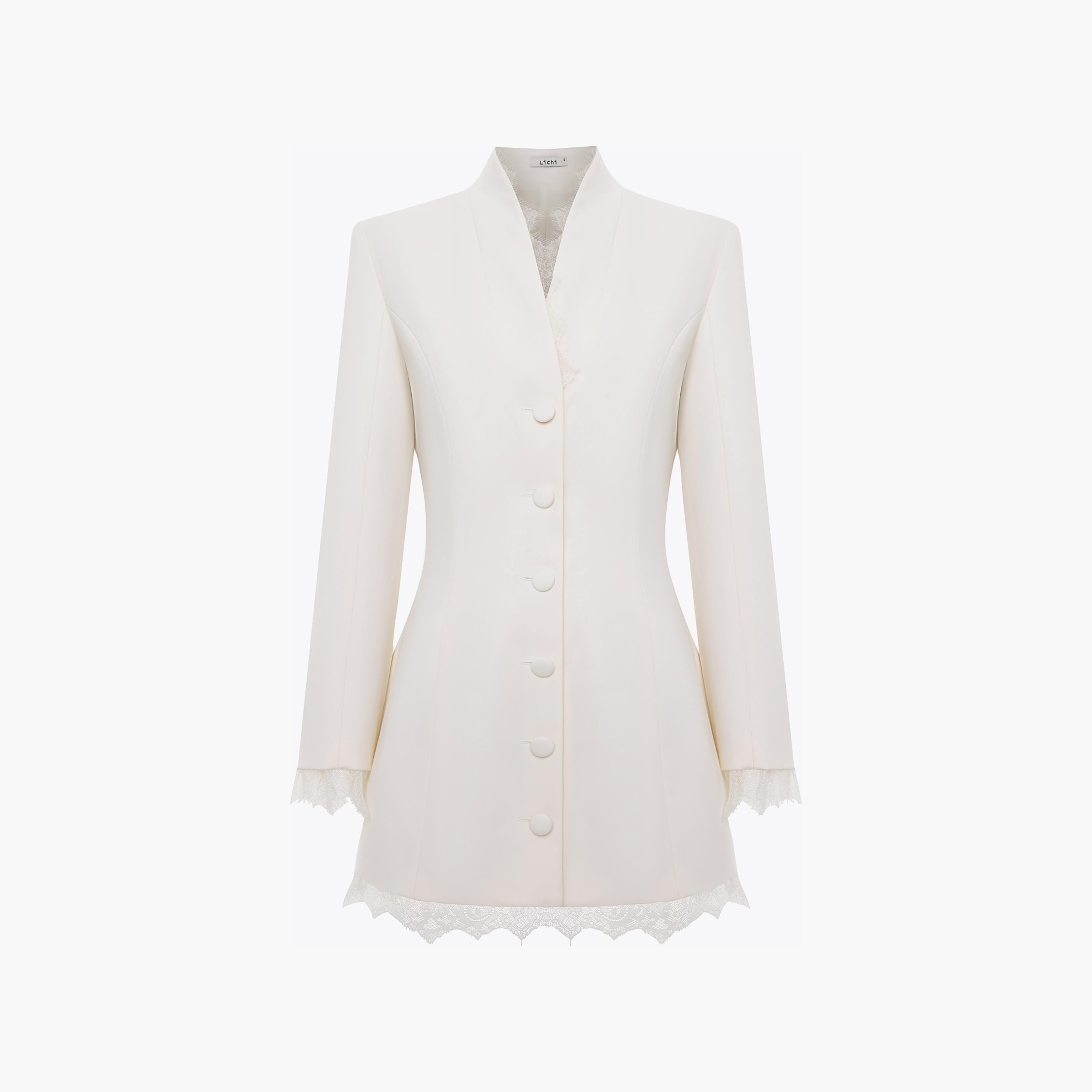 Lichi Cream Lace Trim Stand Collar Blazer Women's Mini Dress-women-clothing-dresses-image-5