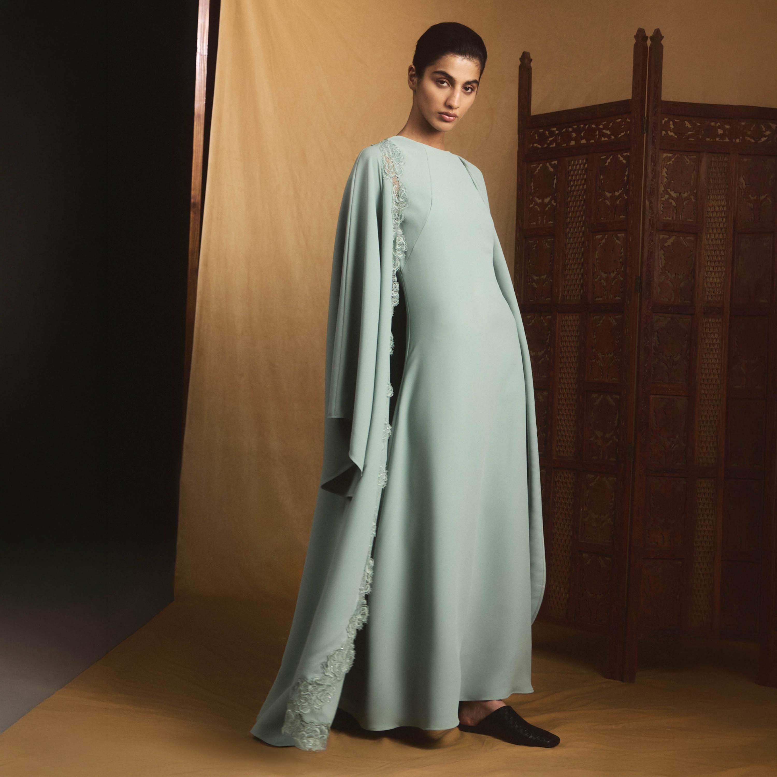 Lichi Floral Lace Satin Raglan Flared Sleeves Kaftan Women's Maxi Dress-women-clothing-dresses-image-2