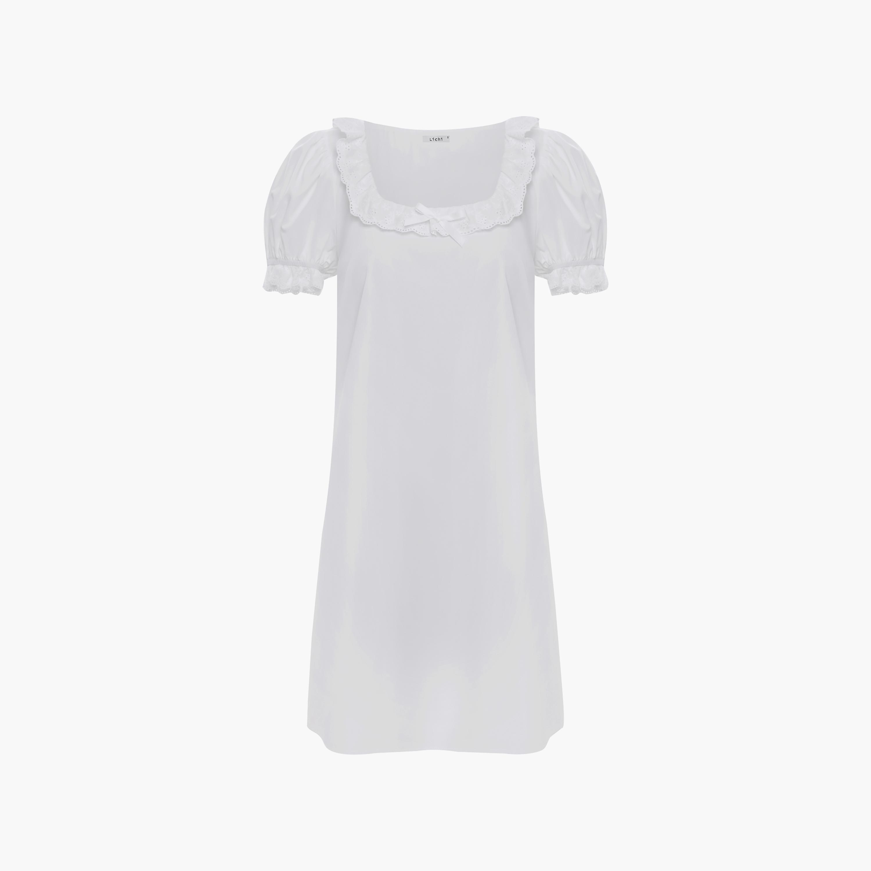 Lichi White Square Neck Puff Sleeves Shift Women's Mini Dress-women-clothing-dresses-image-5