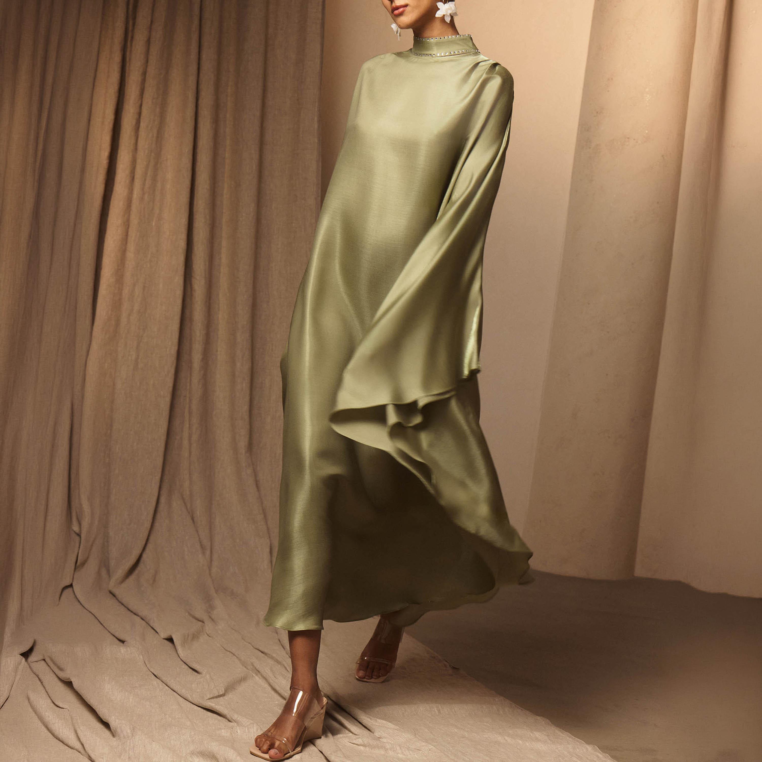 Lichi Green High Neck Kaftan Women's Maxi Dress-women-clothing-dresses-image-3