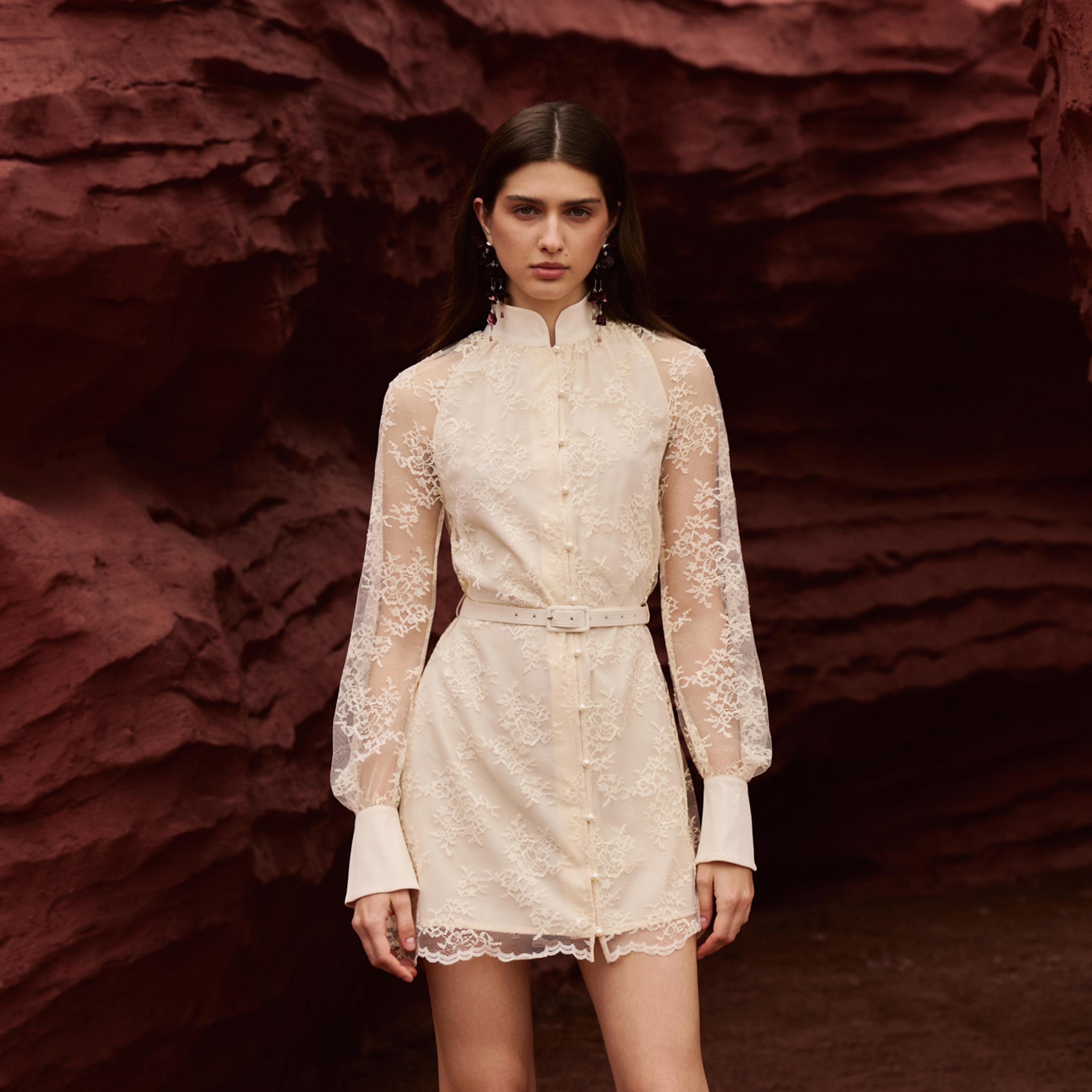 Lichi Cream Floral Lace Nylon Mandarin Collar Bishop Sleeves Shirt Women's Mini Dress-women-clothing-dresses-image-1
