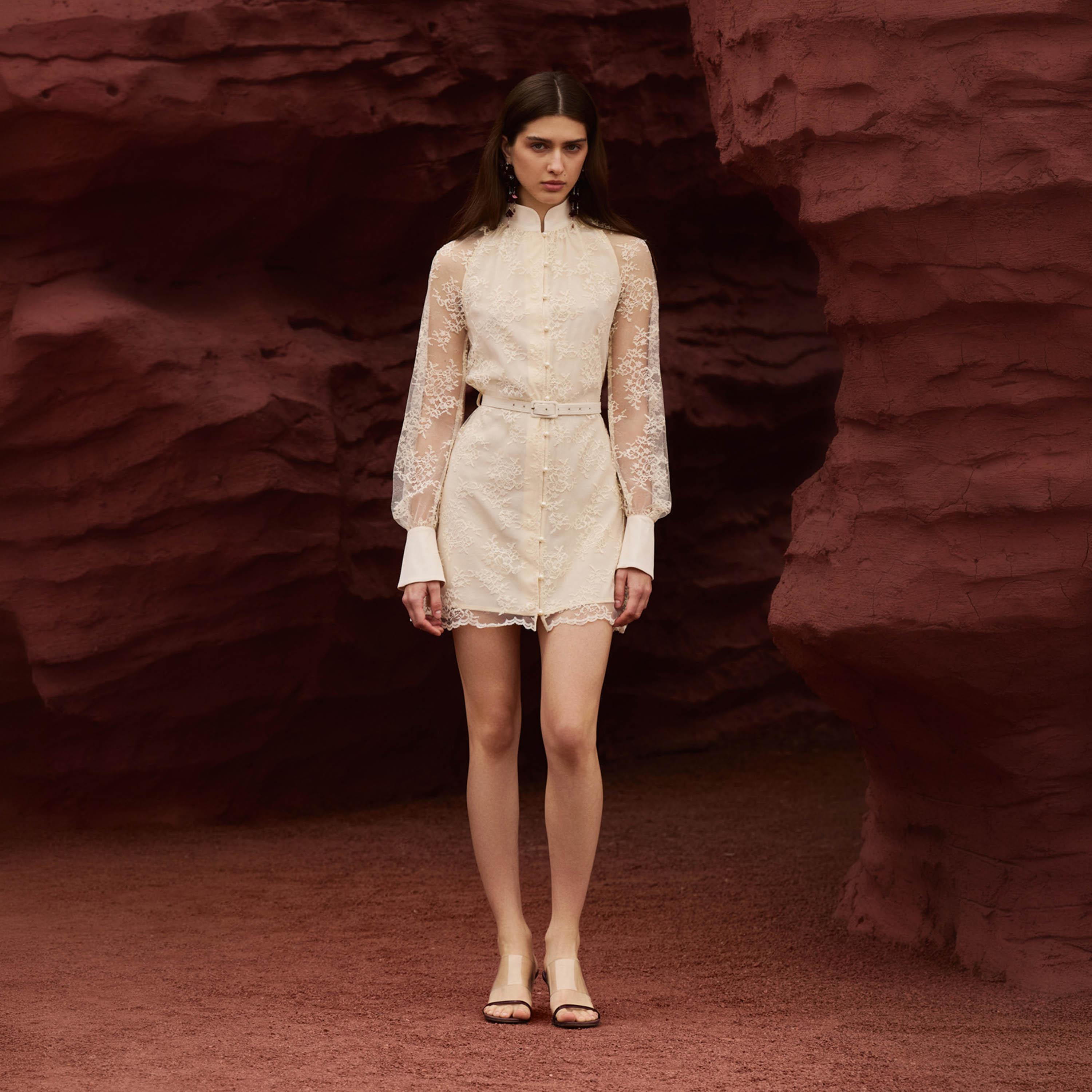 Lichi Cream Floral Lace Nylon Mandarin Collar Bishop Sleeves Shirt Women's Mini Dress-women-clothing-dresses-image-2