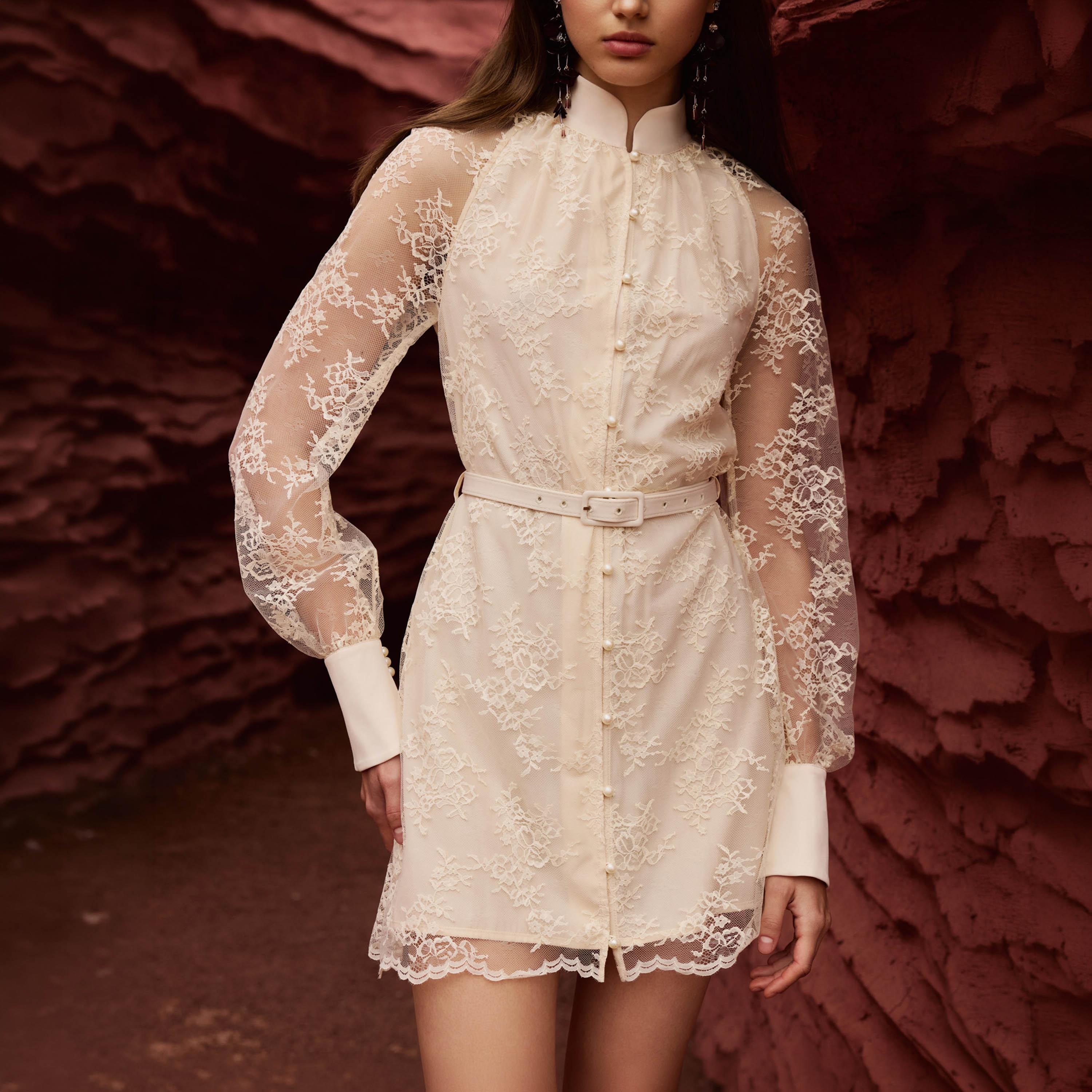 Lichi Cream Floral Lace Nylon Mandarin Collar Bishop Sleeves Shirt Women's Mini Dress-women-clothing-dresses-image-4