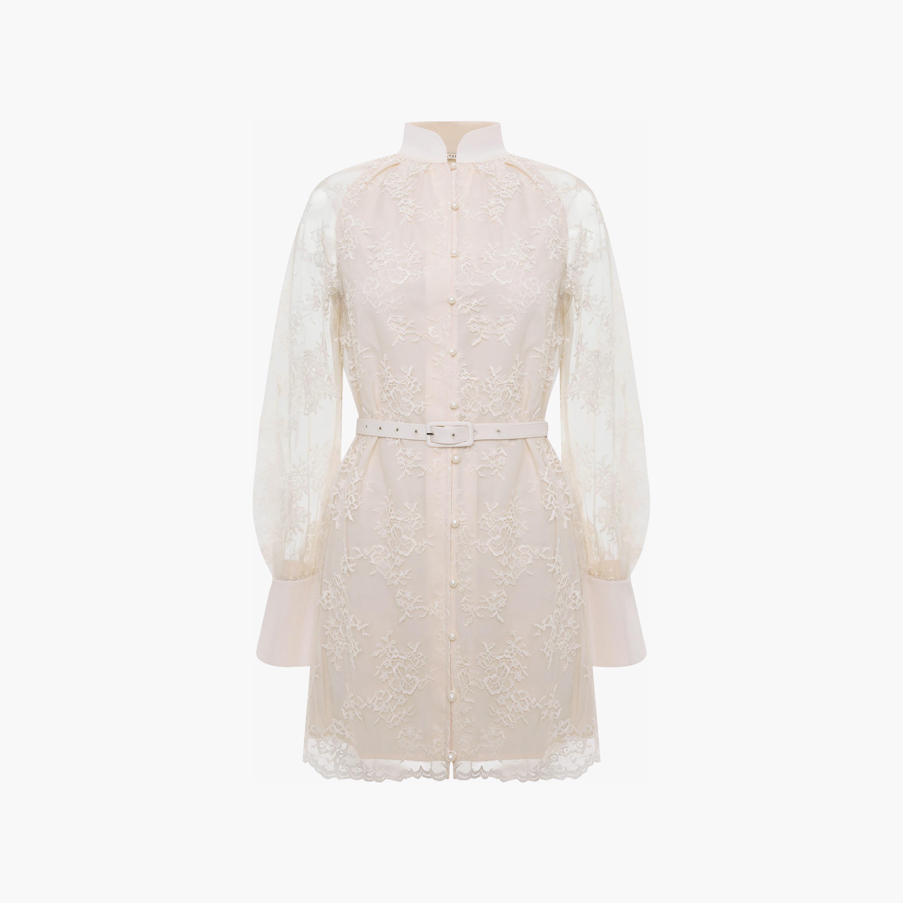 Lichi Cream Floral Lace Nylon Mandarin Collar Bishop Sleeves Shirt Women's Mini Dress-women-clothing-dresses-image-5