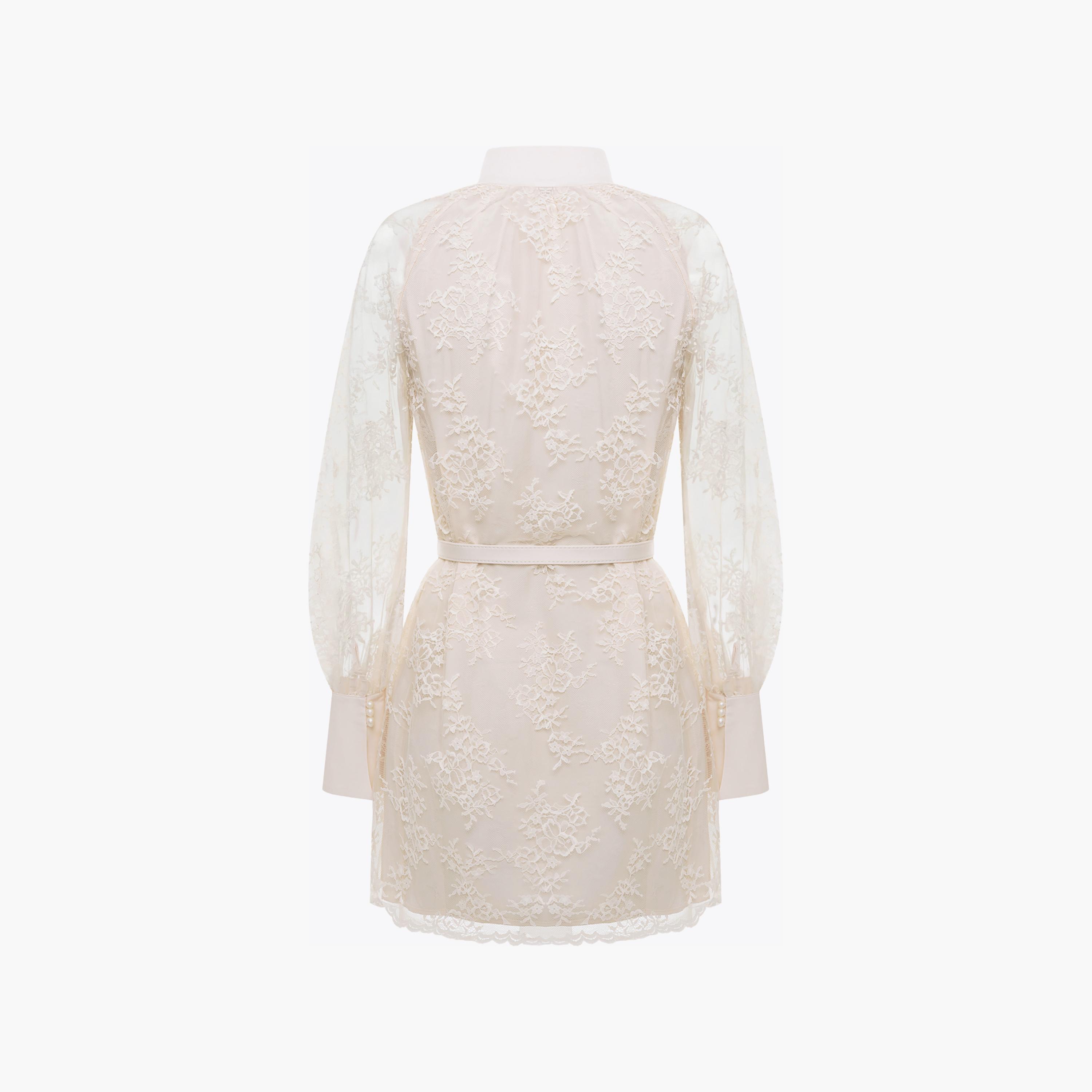 Lichi Cream Floral Lace Nylon Mandarin Collar Bishop Sleeves Shirt Women's Mini Dress-women-clothing-dresses-image-6