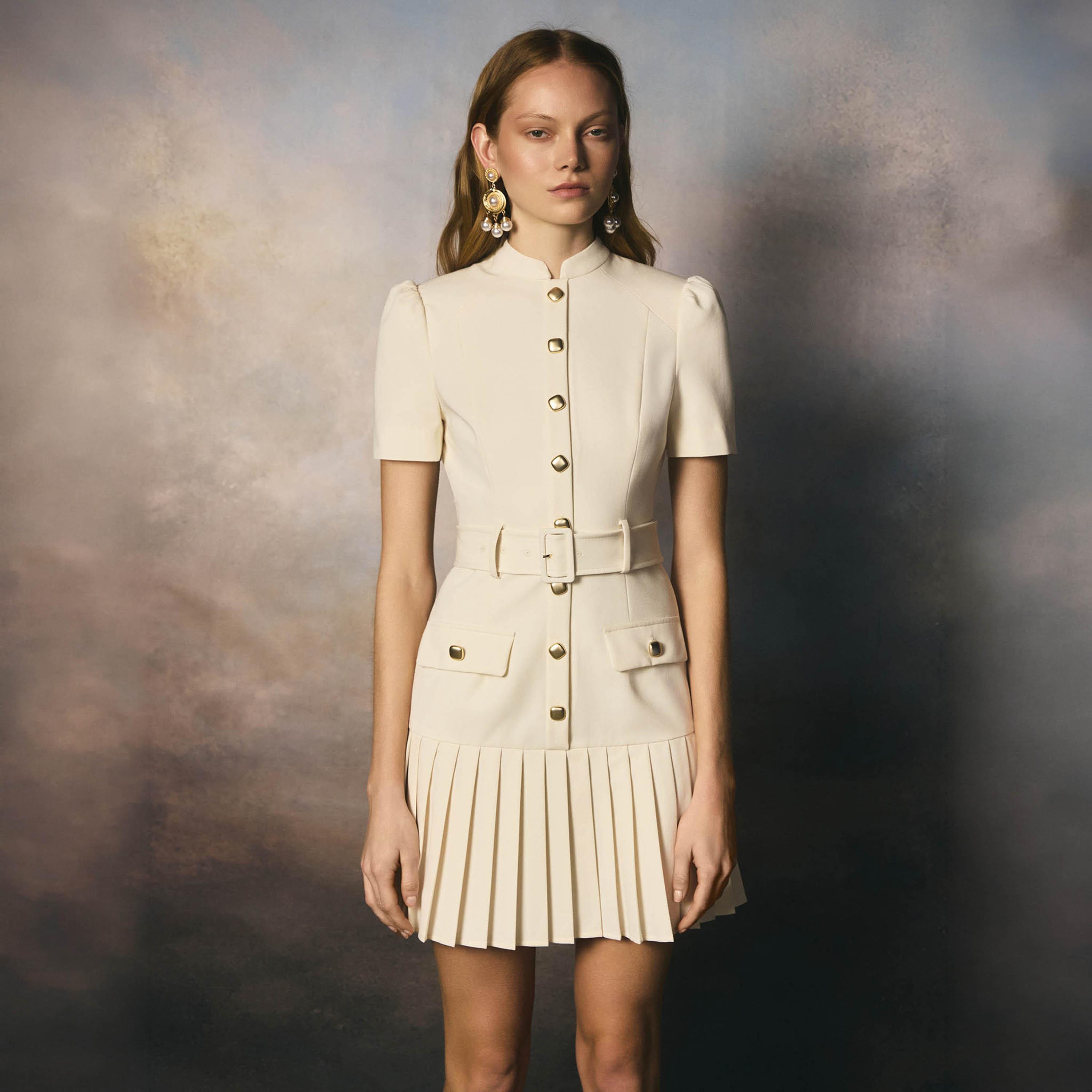 Lichi Pleated Mandarin Collar Puff Sleeves Drop-Waist Women's Mini Dress-women-clothing-dresses-image-1