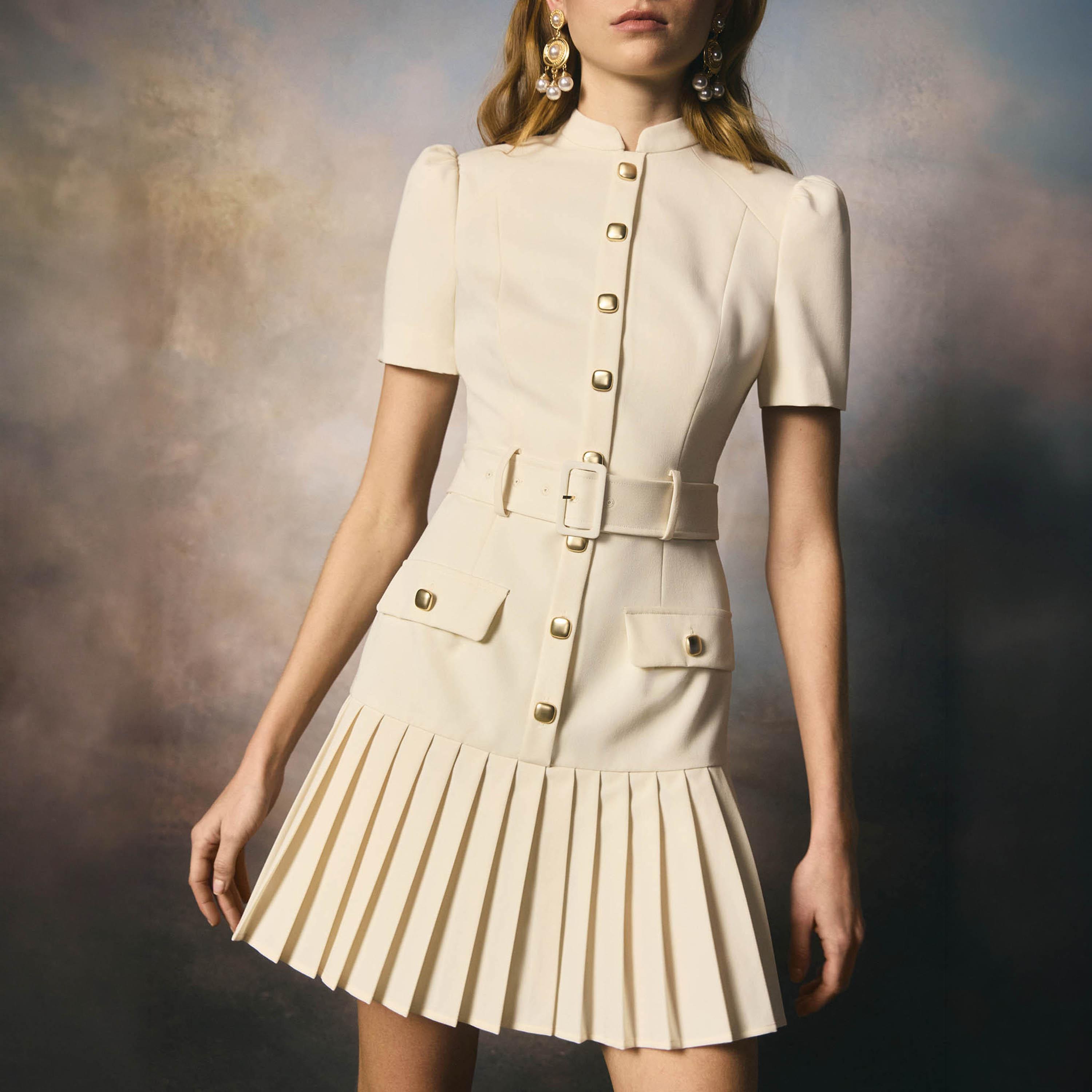 Lichi Pleated Mandarin Collar Puff Sleeves Drop-Waist Women's Mini Dress-women-clothing-dresses-image-4